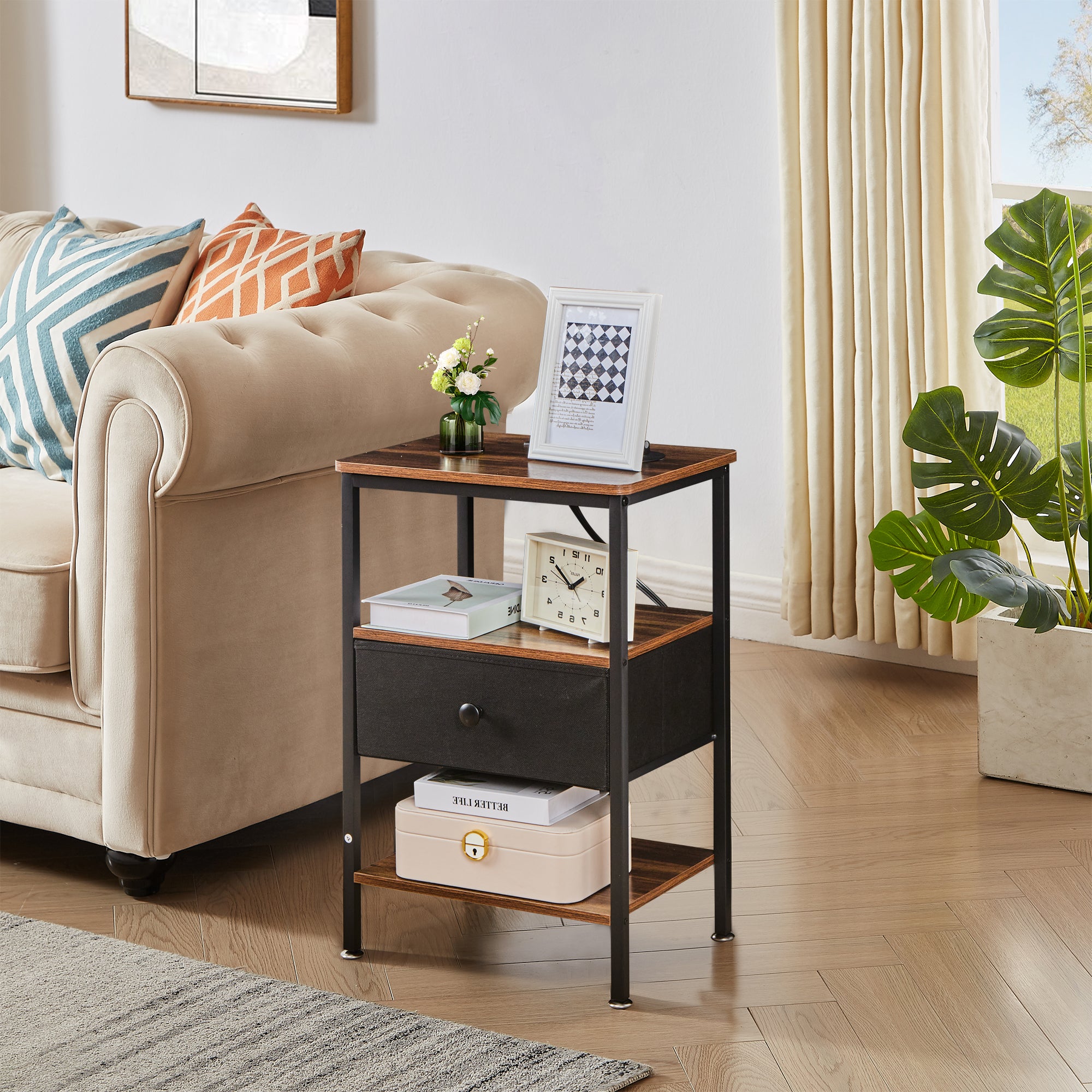 Vecelo LOE-MX-CNS02-BRN Nightstand with Charging Station End Side Table with Fabric Drawer 2 USB Ports and AC Outlets Open Storage Shelf Brown