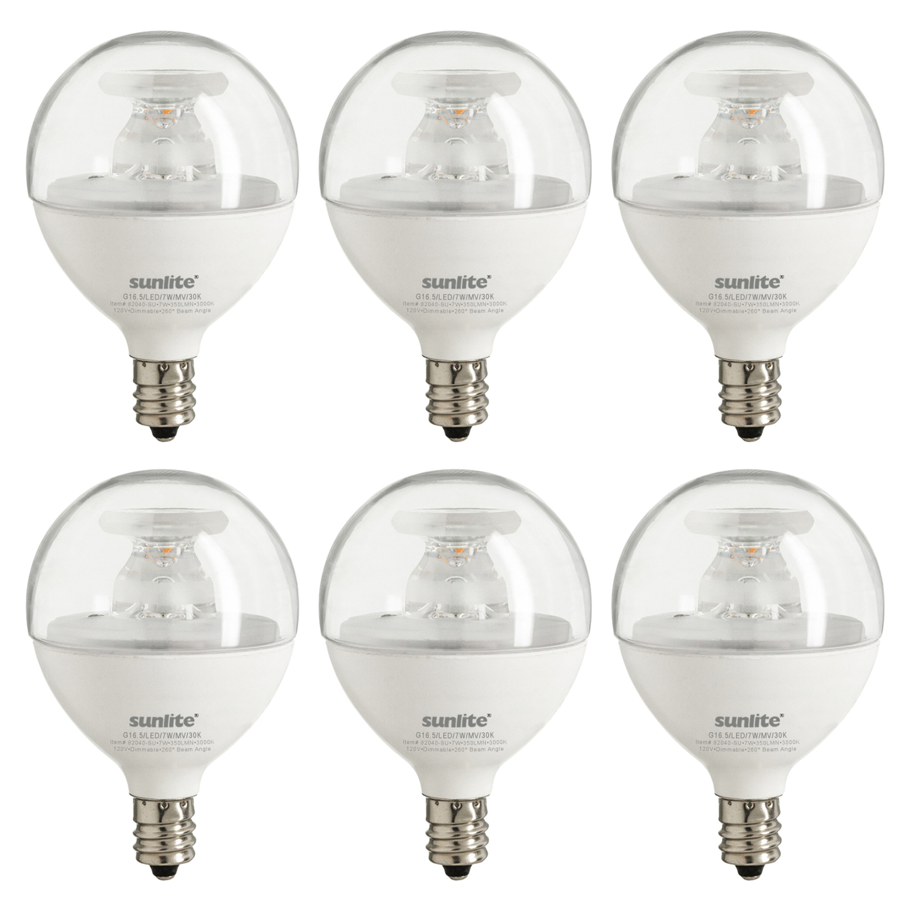 Sunlite LW07160 G16.5 Bulb 40 -Watt EQ G16.5 Warm white Candelabra base (E-12) Dimmable LED Decorative Light Bulb 6 -Pack