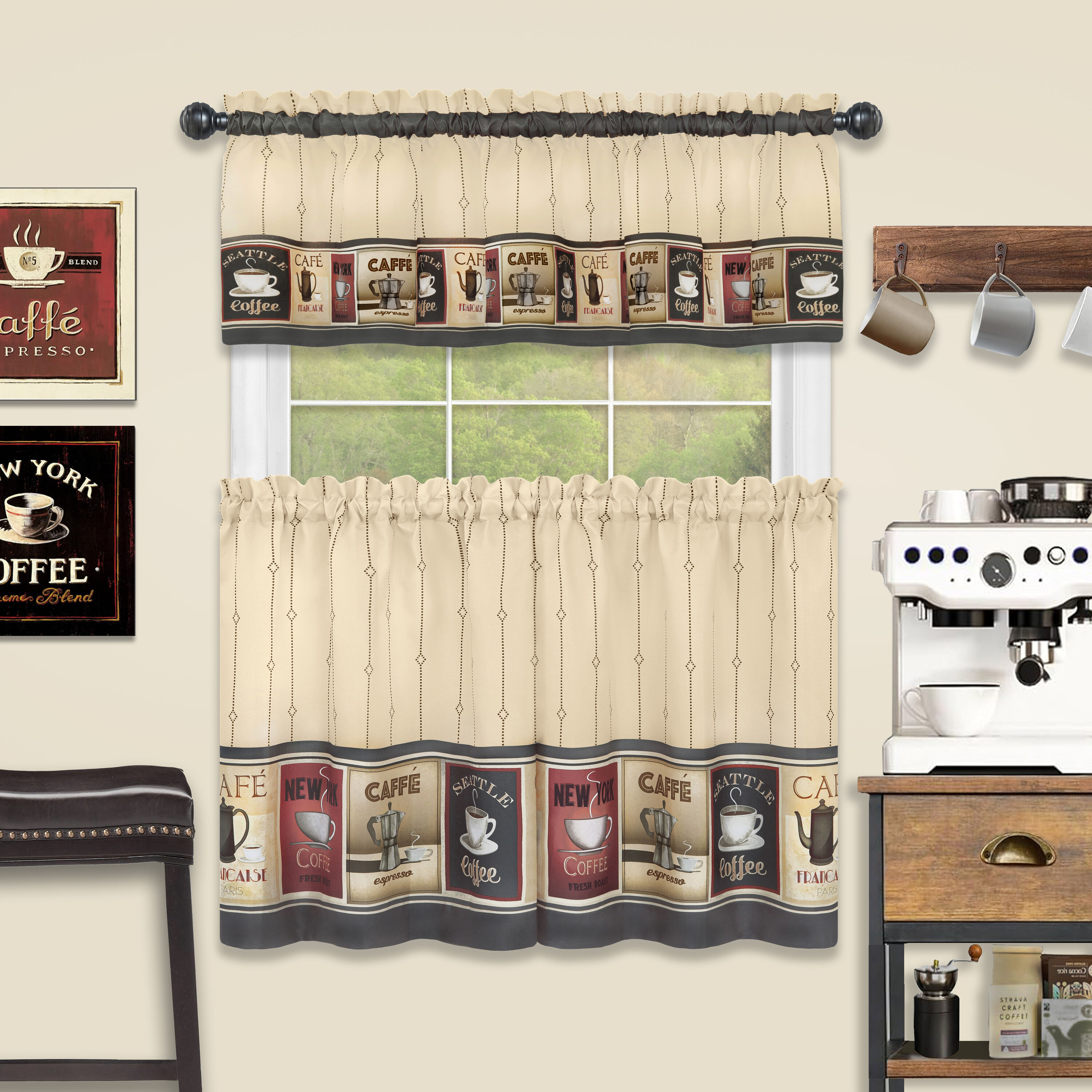 Cozy Cafe Tan-Black Wide Tier & Valance Set
