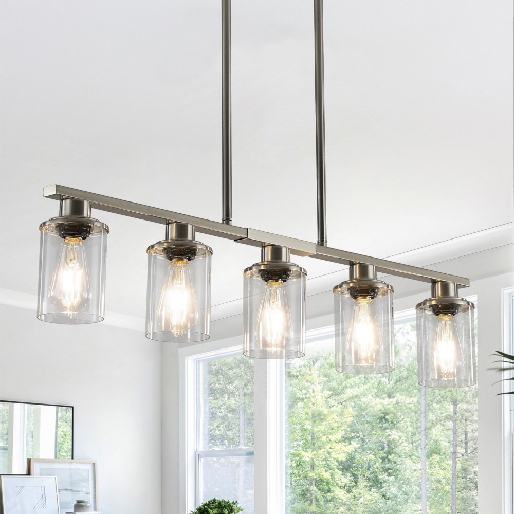 Basdien 37 in Chrome Contemporary Chandelier Clear Glass Shades Brushed Metal Frame Linear Design Hanging Light E26 Base Max 300W Compatible LED Incandescent CFL Halogen Bulbs for Dining Room Kitchen Island Living Room Foyer Easy Install Sleek