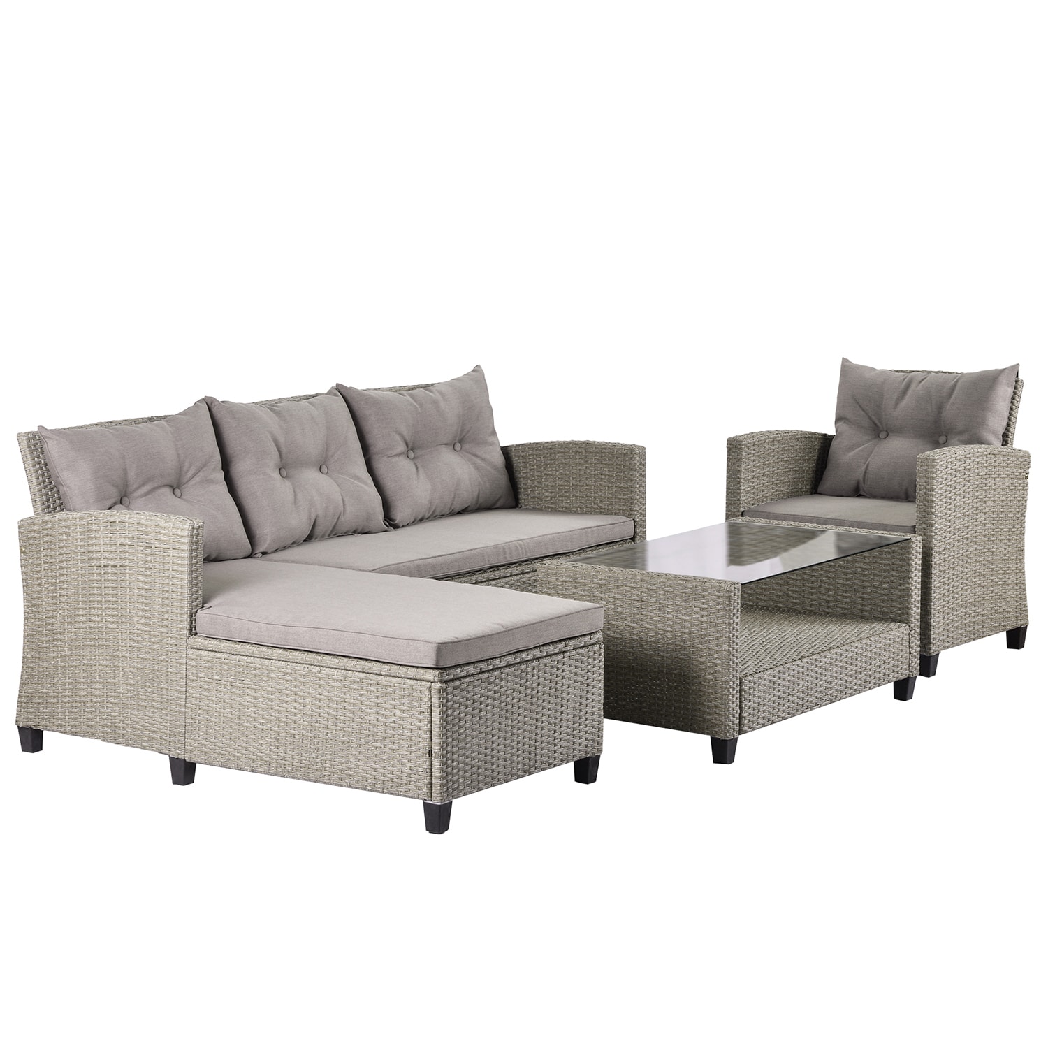 Bybafun YA0200273 Wicker Outdoor Sectional with Gray Cushions and Wicker Frame
