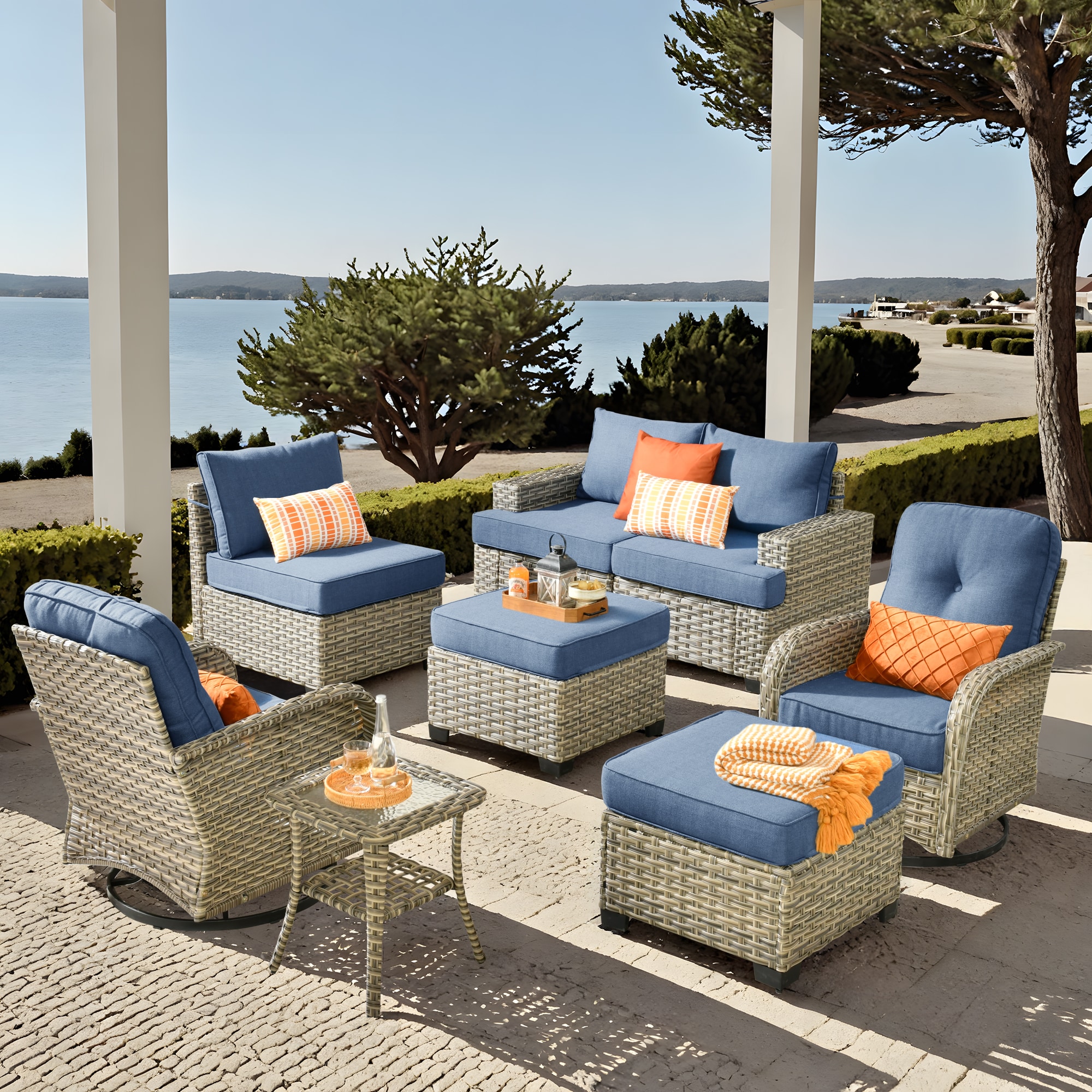 Pouuin SVYZBS500-6 7 -Piece Wicker Patio Conversation Set with Light Blue Cushions
