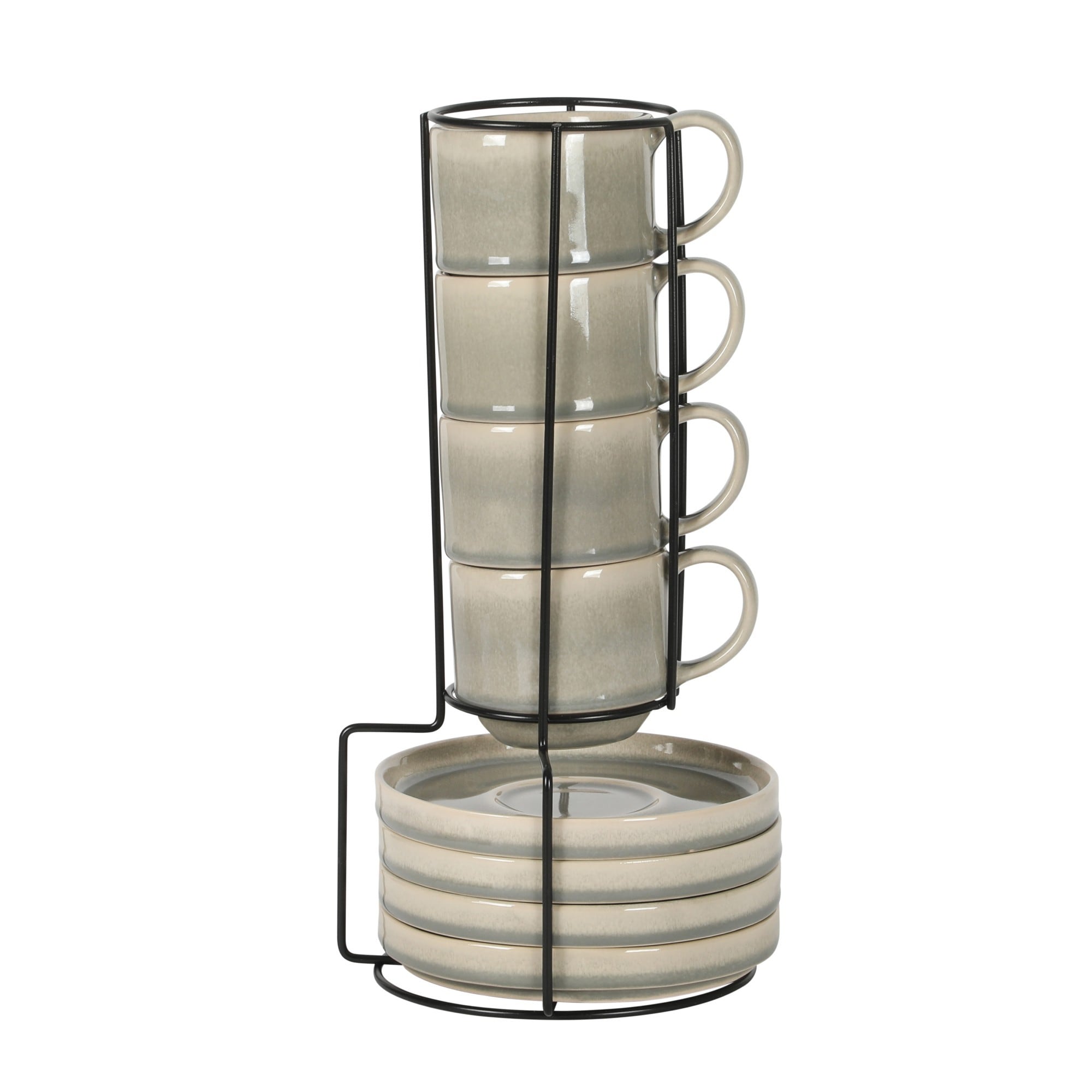 Gibson Elite  Sunrise Hills 9 Piece Stackable Stoneware Cup and Saucer Set with Metal Rack 6 oz Service for 4 Dishwasher and Microwave Safe Gray