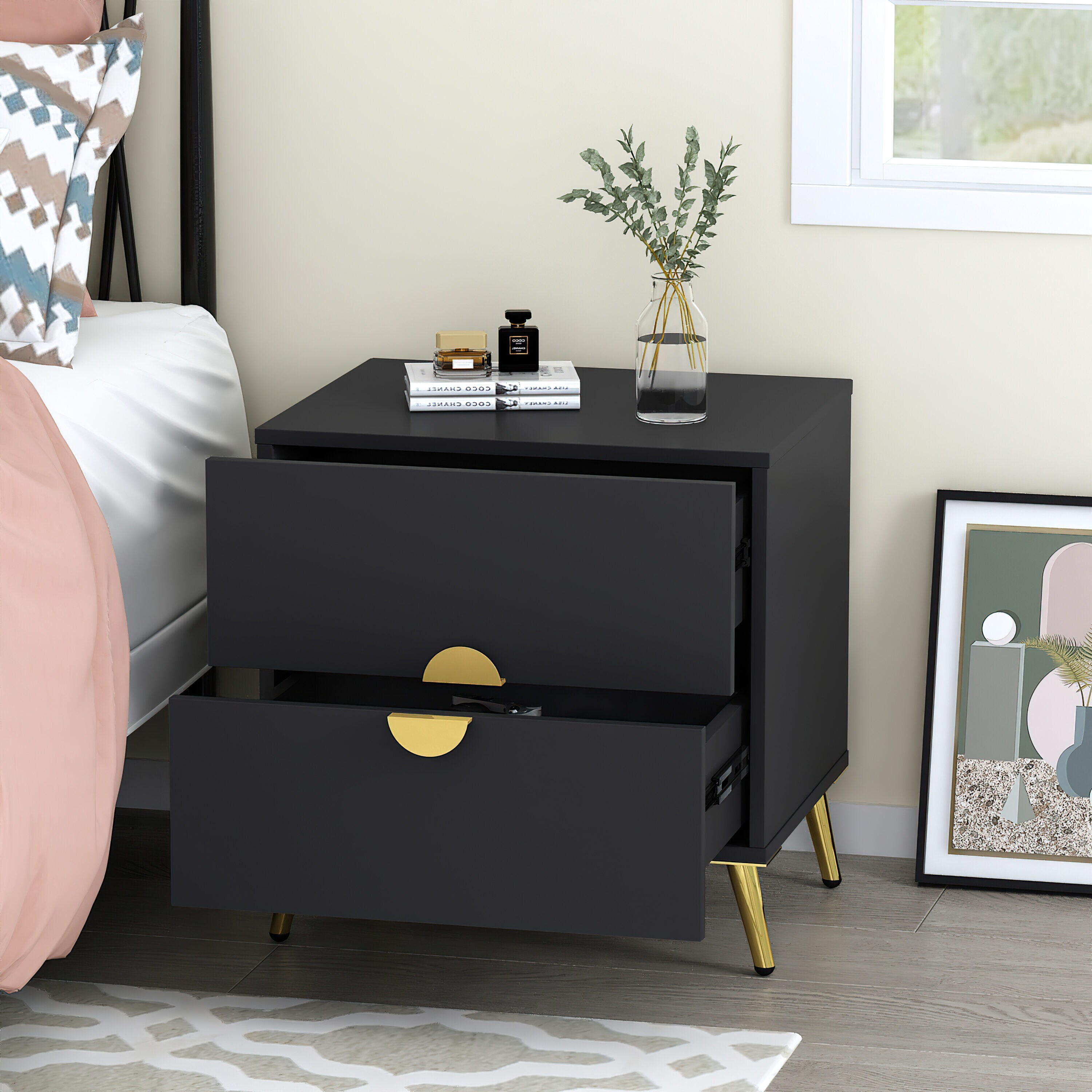 sleek black nightstand