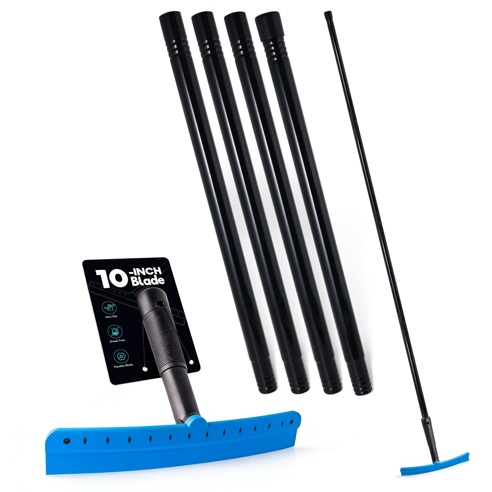 Ahfiwaso  TPU Squeegee with 10 Inch Blade and Four Section Extension Poles Extends to Sixty Three Inches for Streak Free Window and Glass Cleaning