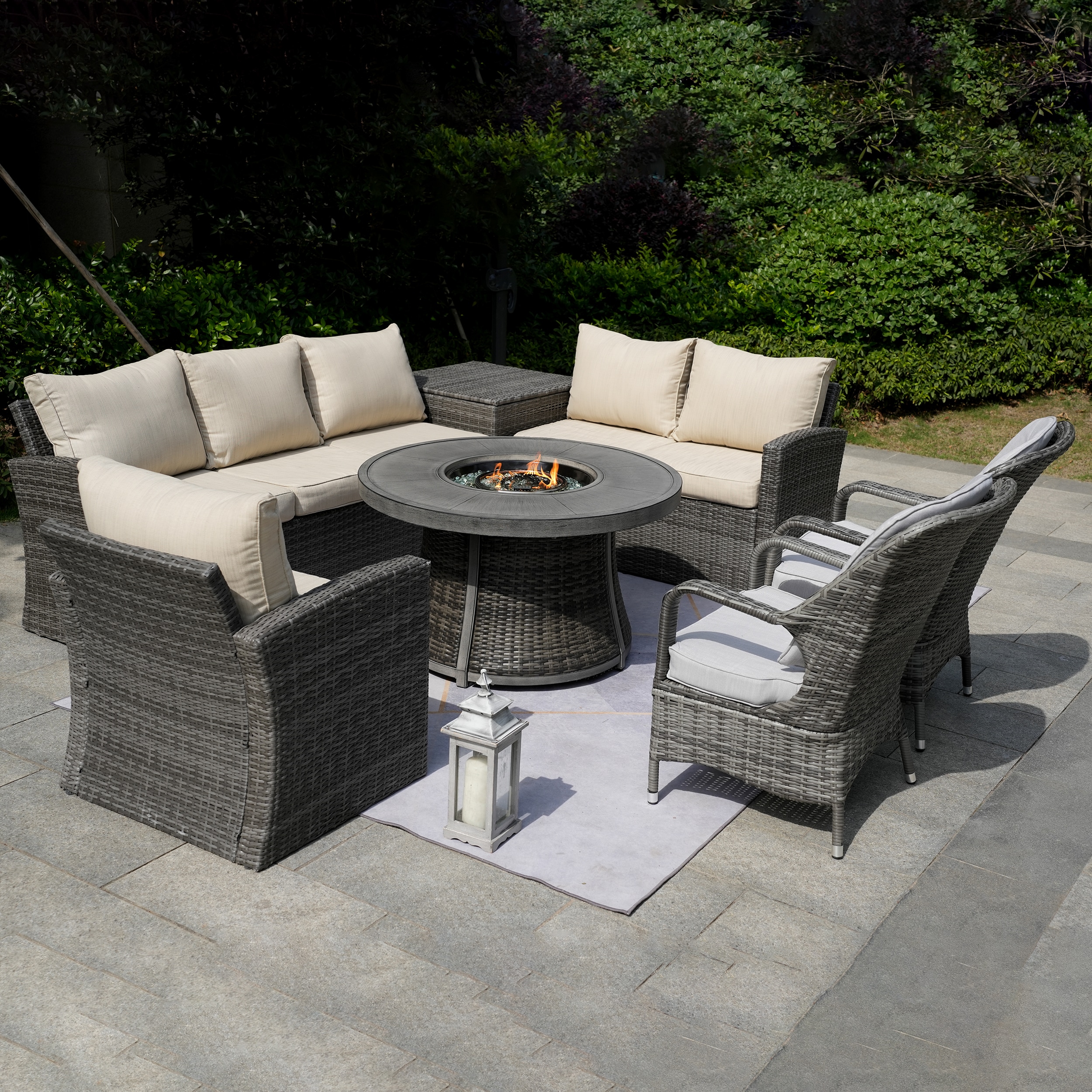 Moda Furnishings G3R-1403B-009-GR 7 -Piece Wicker Patio Sofa Conversation Set with Gray Cushions