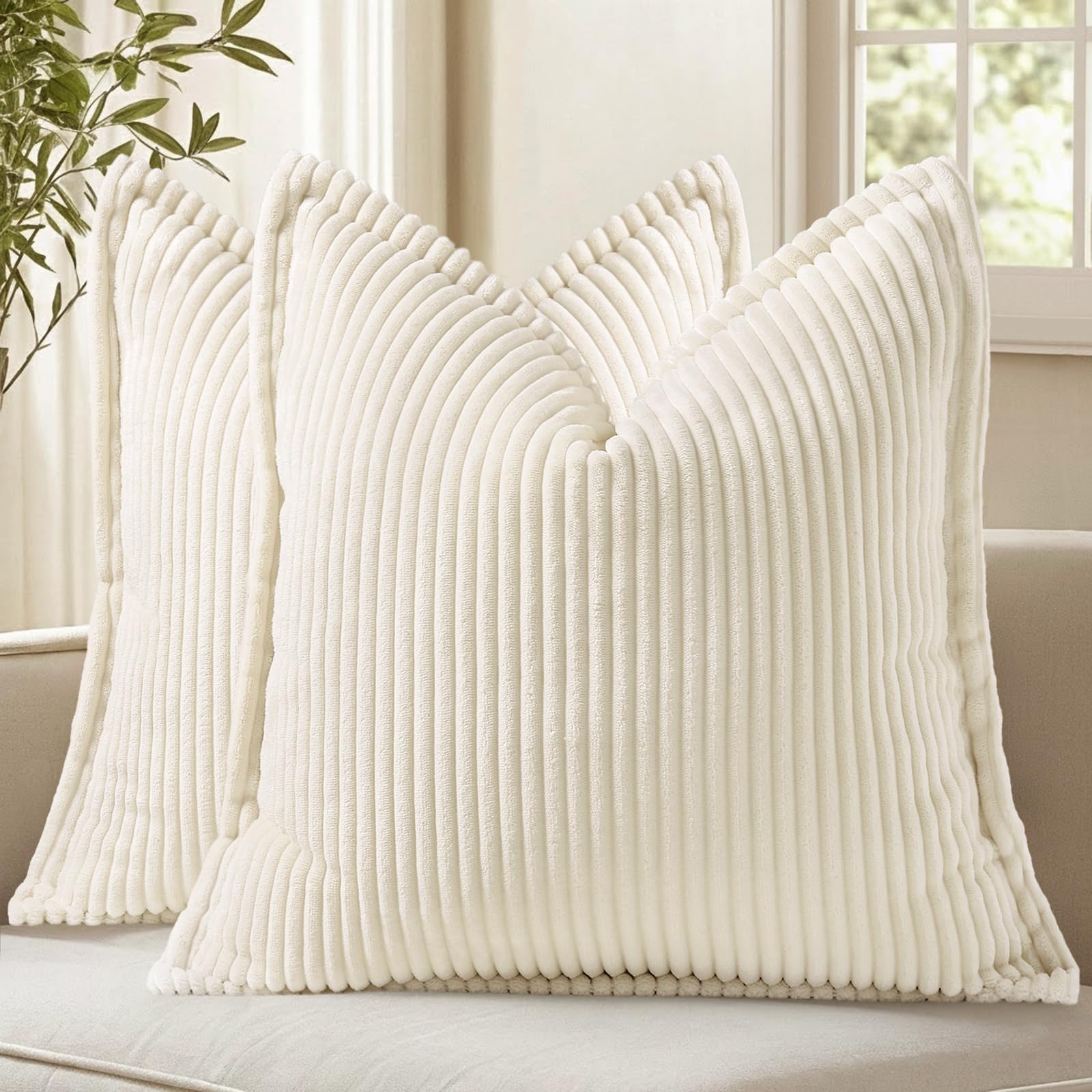 Phewnyzo 18 x 18 Inch Cream White Corduroy Throw Pillow Covers Set of 2 with Stripes and Flange Edges for Sofa Bed and Living Room #LPW0819W711