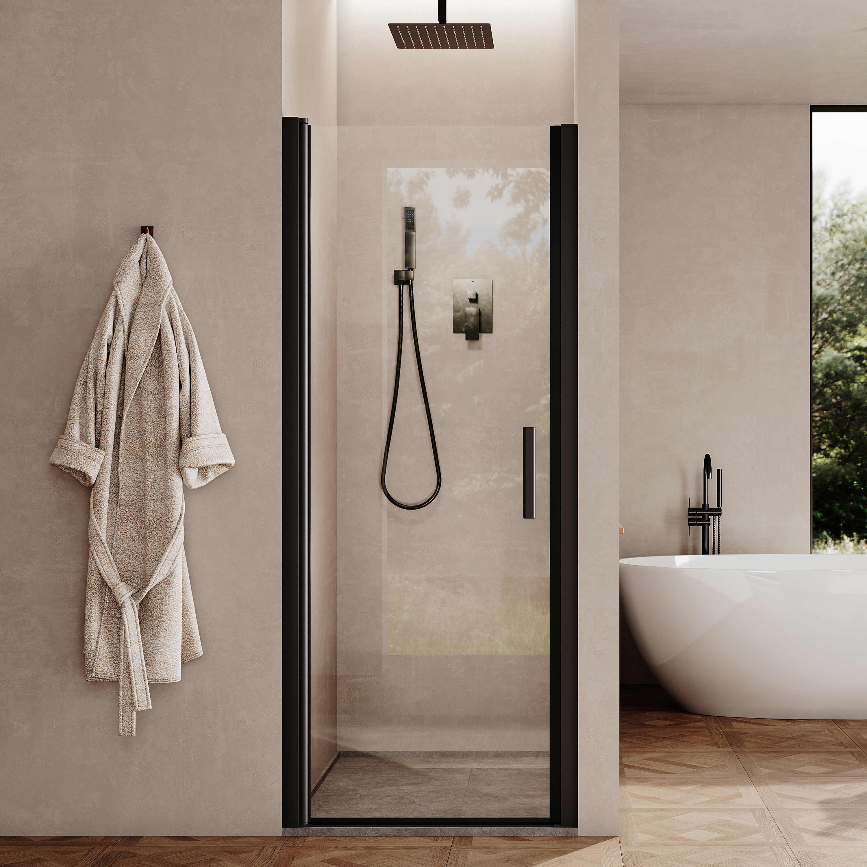 ANGELES HOME  24-7/16-in to-26-in W x 68-in H Semi-Frameless Pivot Shower Door with 1/4 inch Tempered Glass in Matte Black