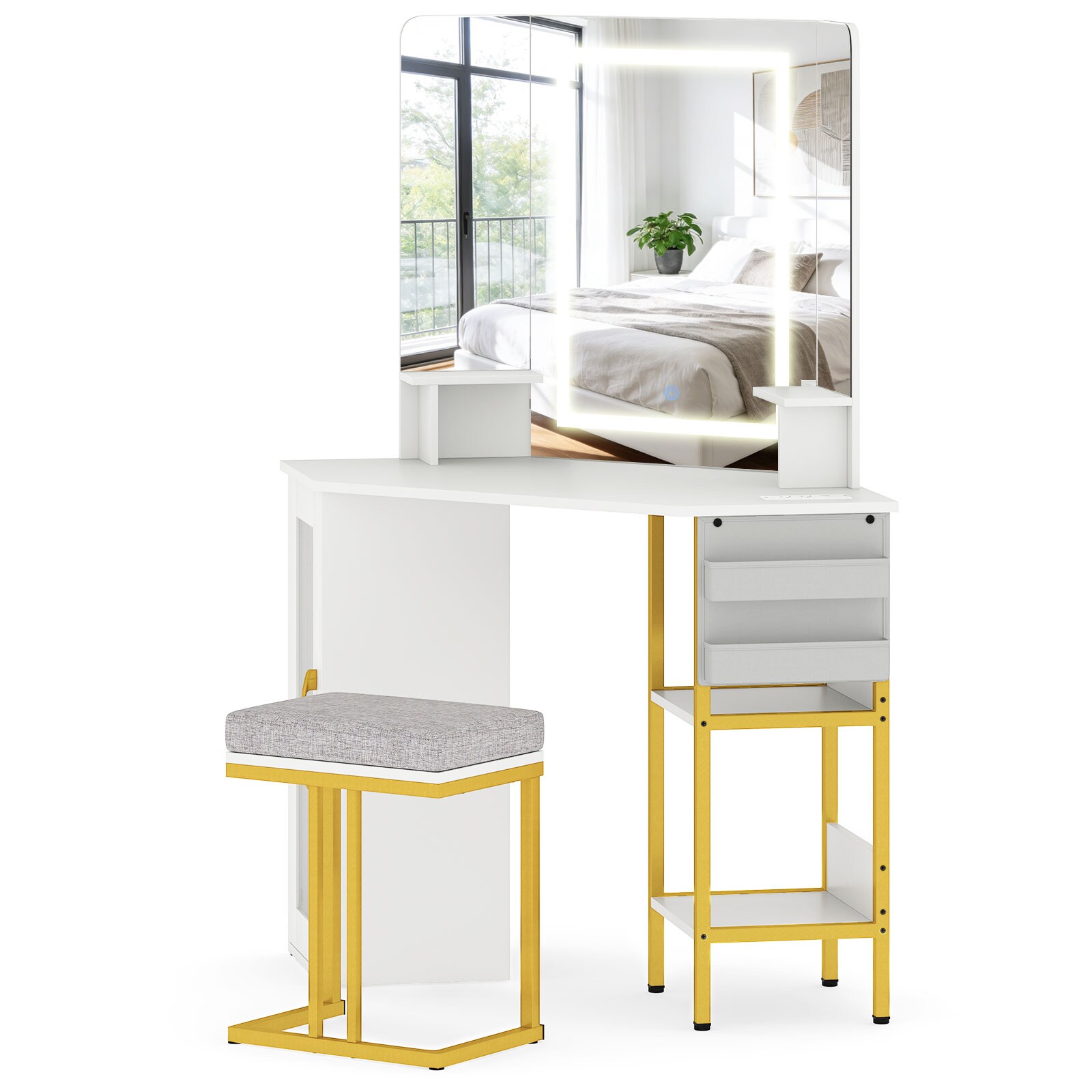 Slickblue - Triple Mirror Corner Vanity Table with LED Lights Adjustable Brightness and Cushioned...