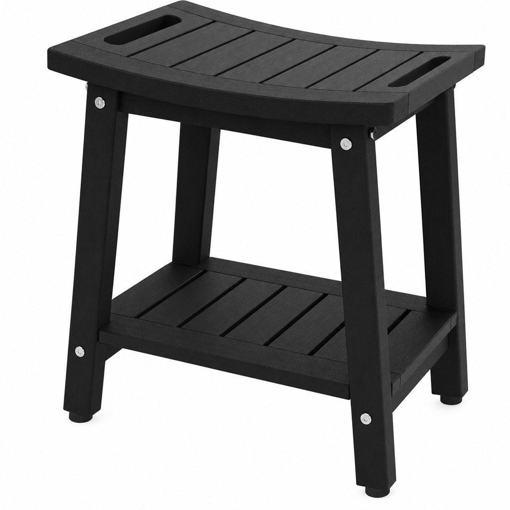 OGETFUUR Black Shower Bench with Handle Storage Shelf Adjustable Feet for Inside Shower