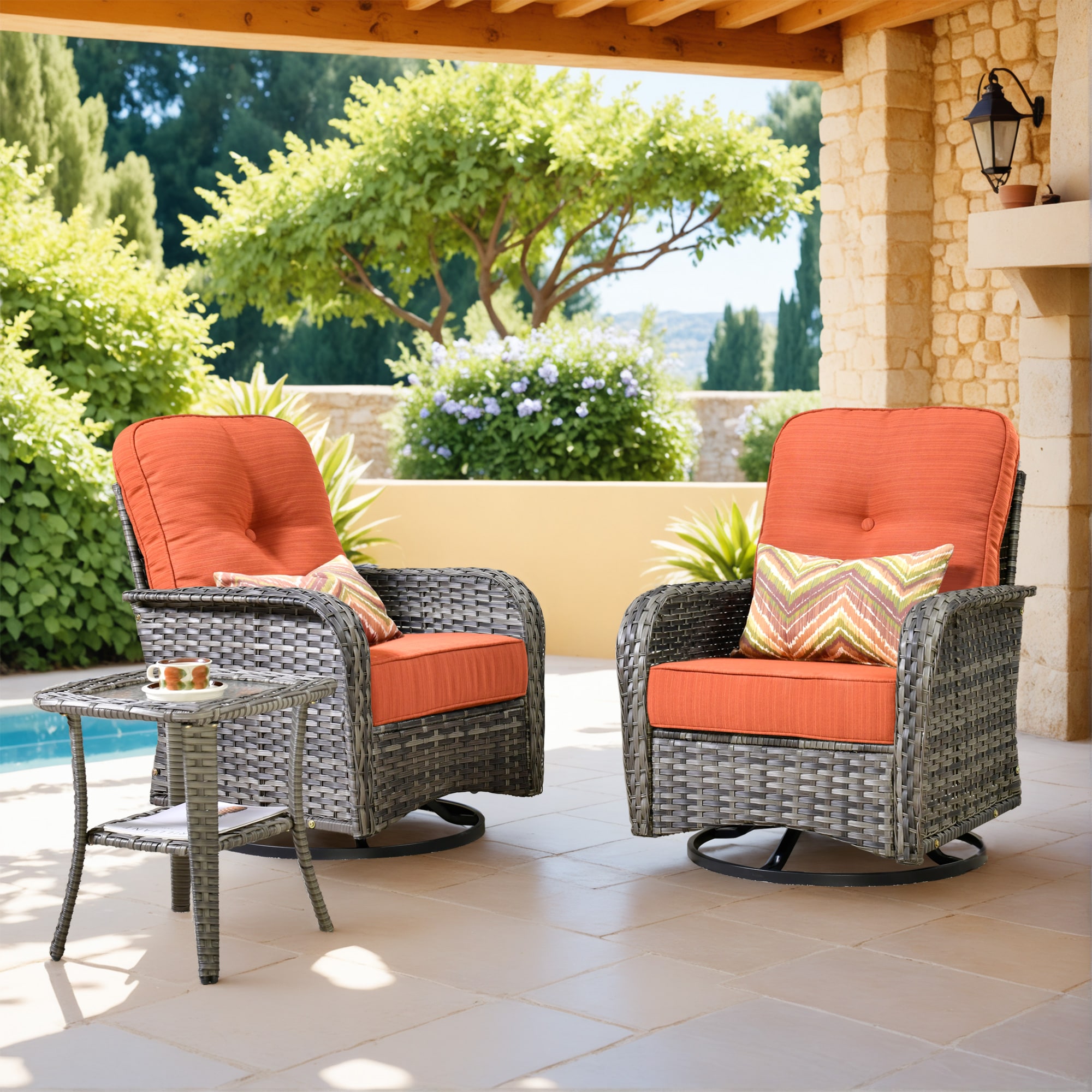 Pouuin SCNG803 Set of 2 Wicker Gray Metal Frame Swivel rocker Rocking Chair with Orange Cushioned Seat