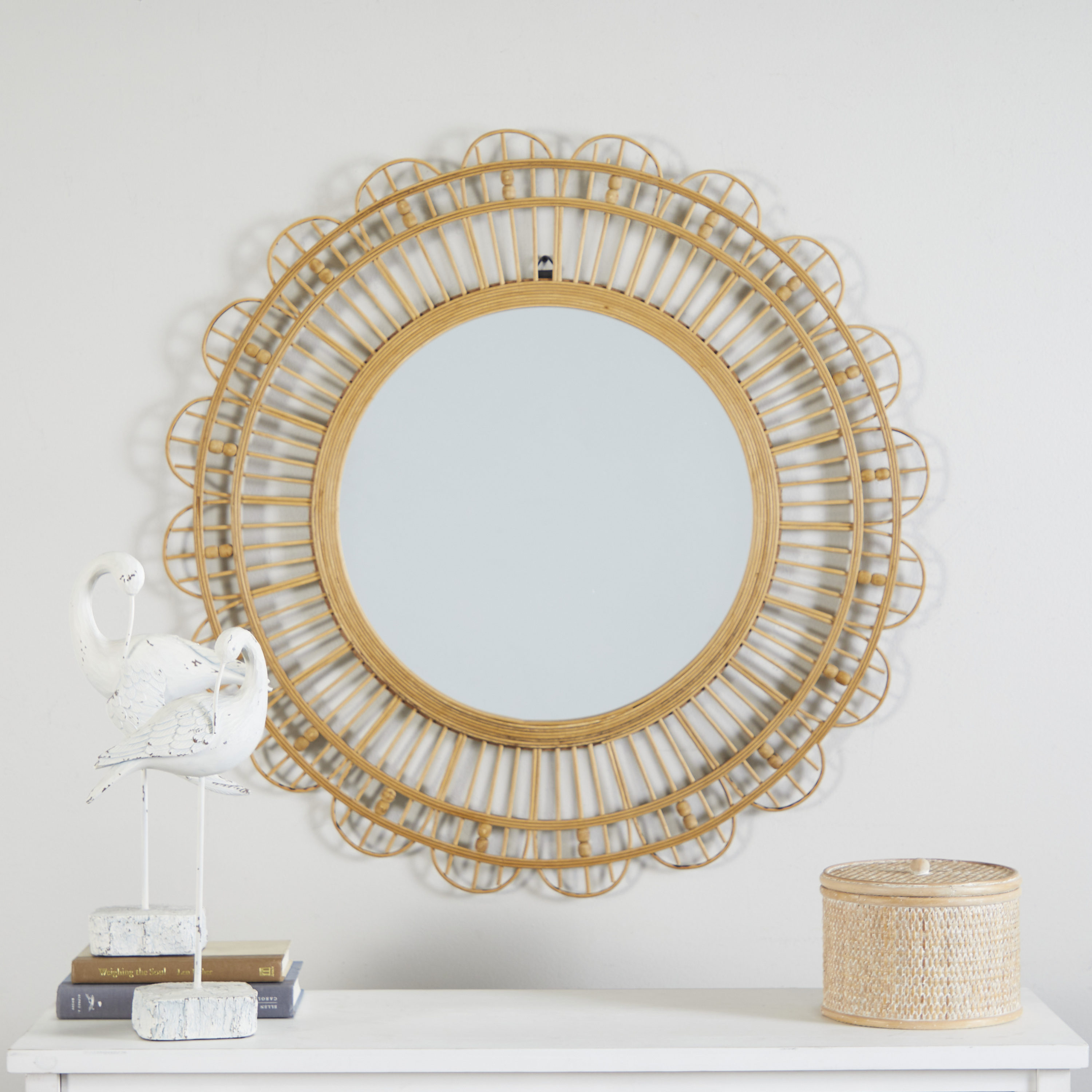 Macrame Wrapped Mirror Vanity with 3-tier wood shelves, my