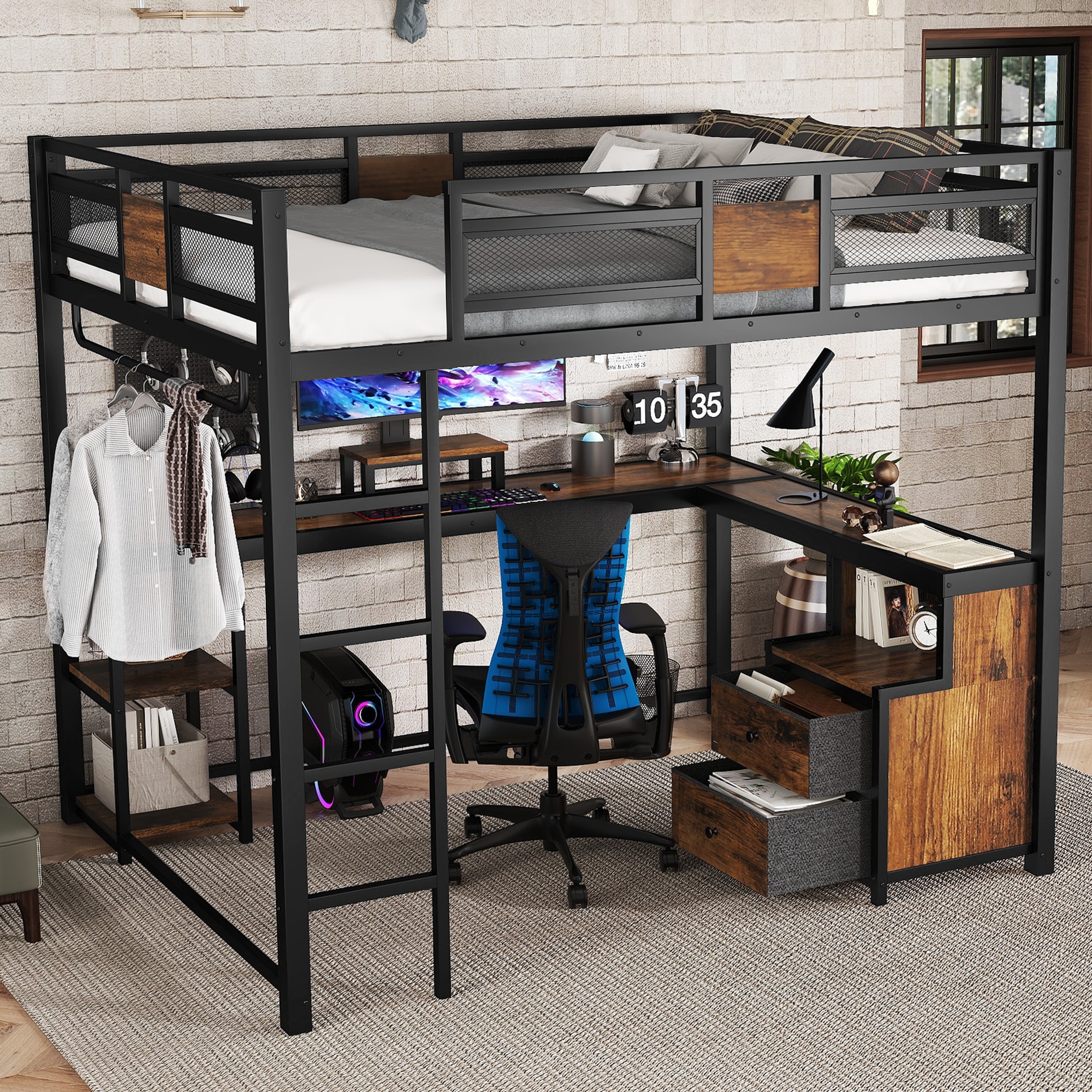 Bellemave Black Queen Metal Loft Bed with Integrated Desk Raised ...