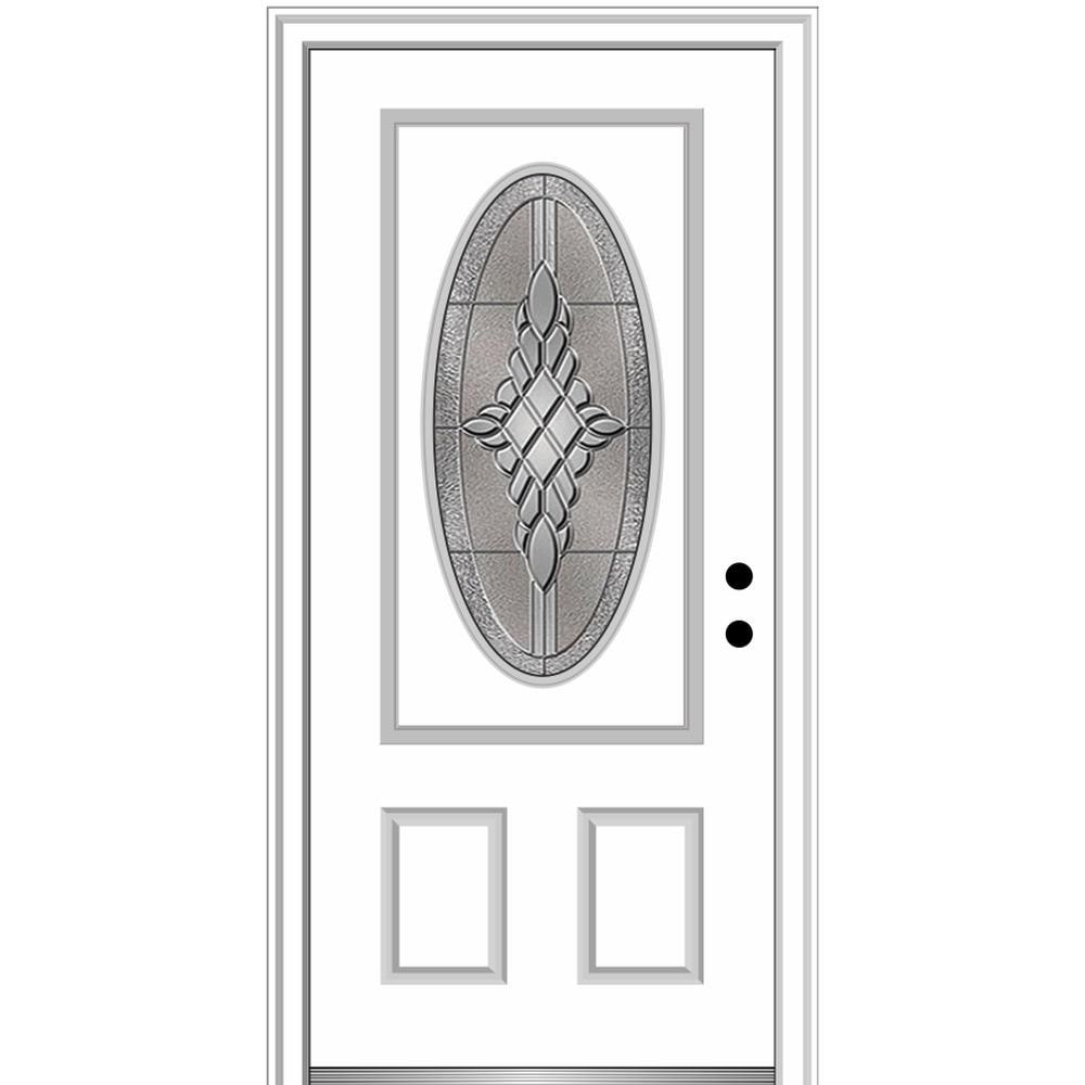 MMI DOOR ZZ3667742L 36-in x 80-in x 6-9/16-in Fiberglass Oval lite Left-hand inswing Brilliant White Painted Prehung Front Door with Brickmould Insulating core