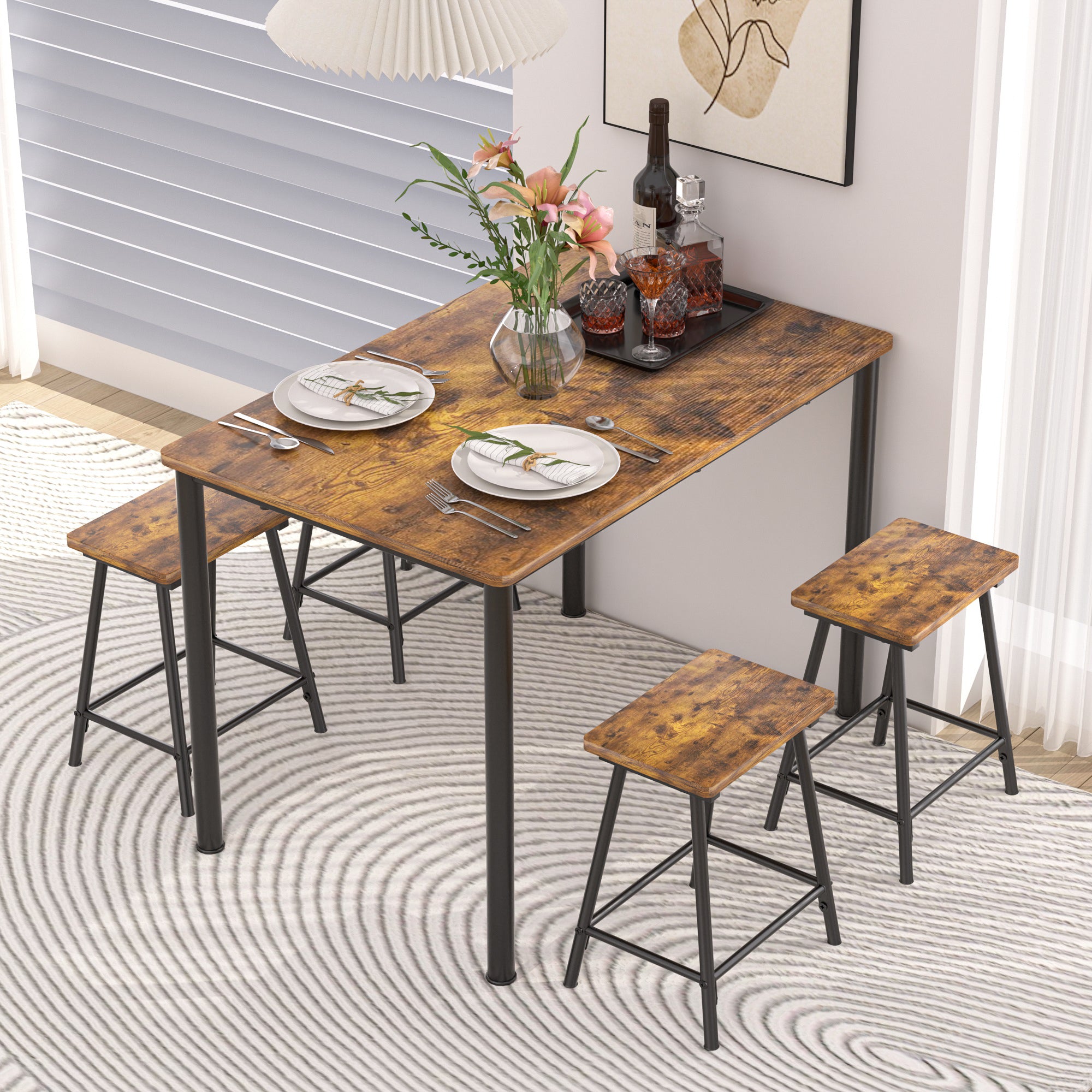 Vecelo LOE-JYX-TC14-BRN 4 Person Four Leg Dining Set Counter Height Dining Table Set For 4 Pub Table and Stool Set Space Saving Dinette For Small Space