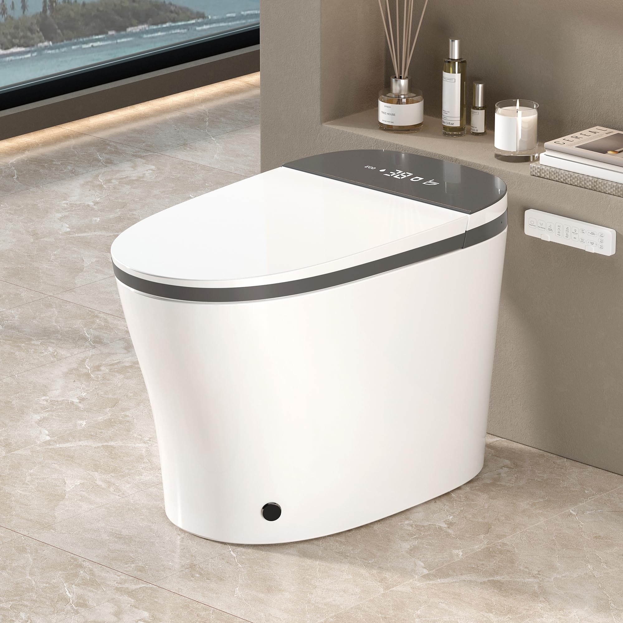 Vynxaria - White with Gray Trim Tankless 12-in Rough-In Soft Close Auto Open-Close 1-piece Smart ...