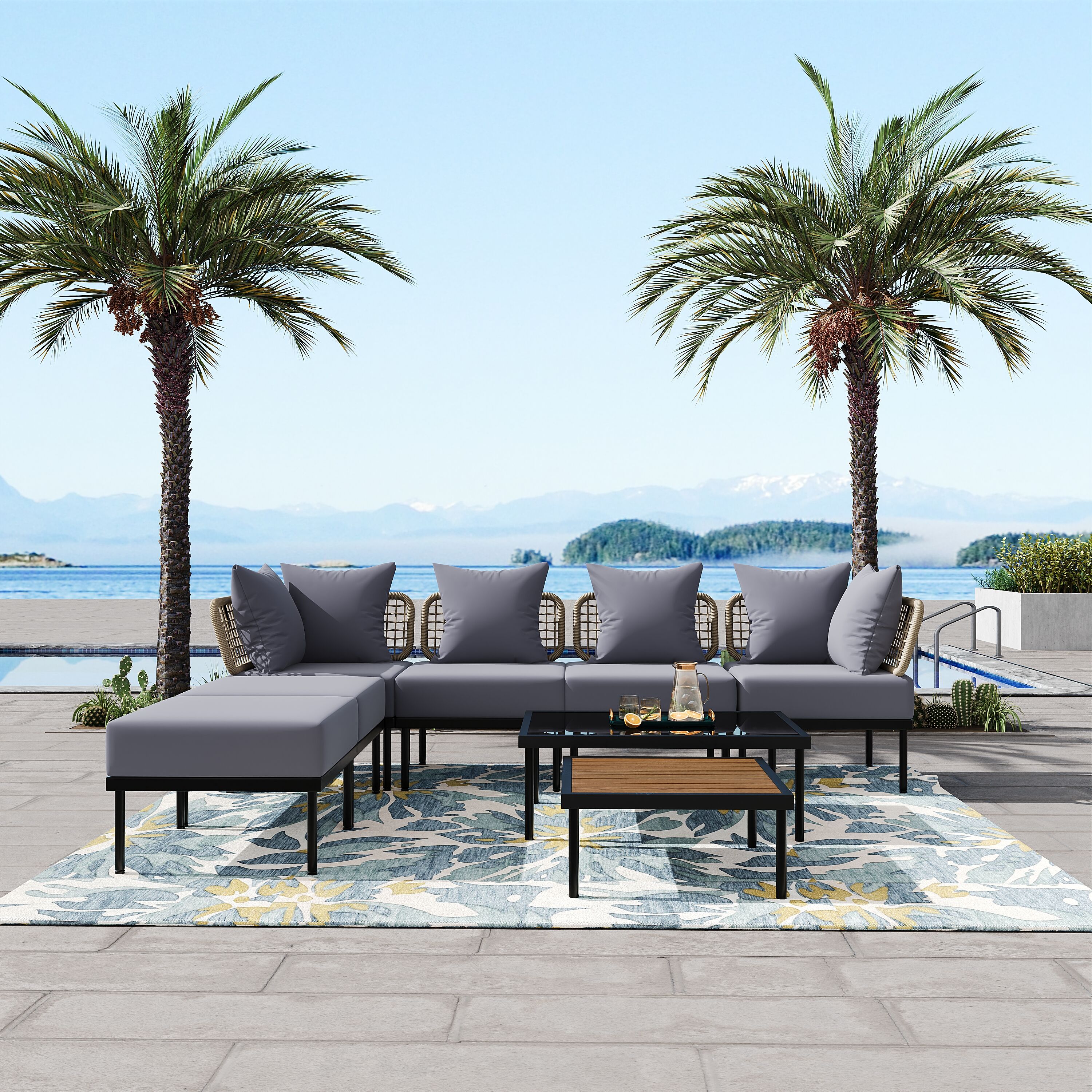8-Piece Light Grey Steel Patio Sectional Sofa Set with Cushions