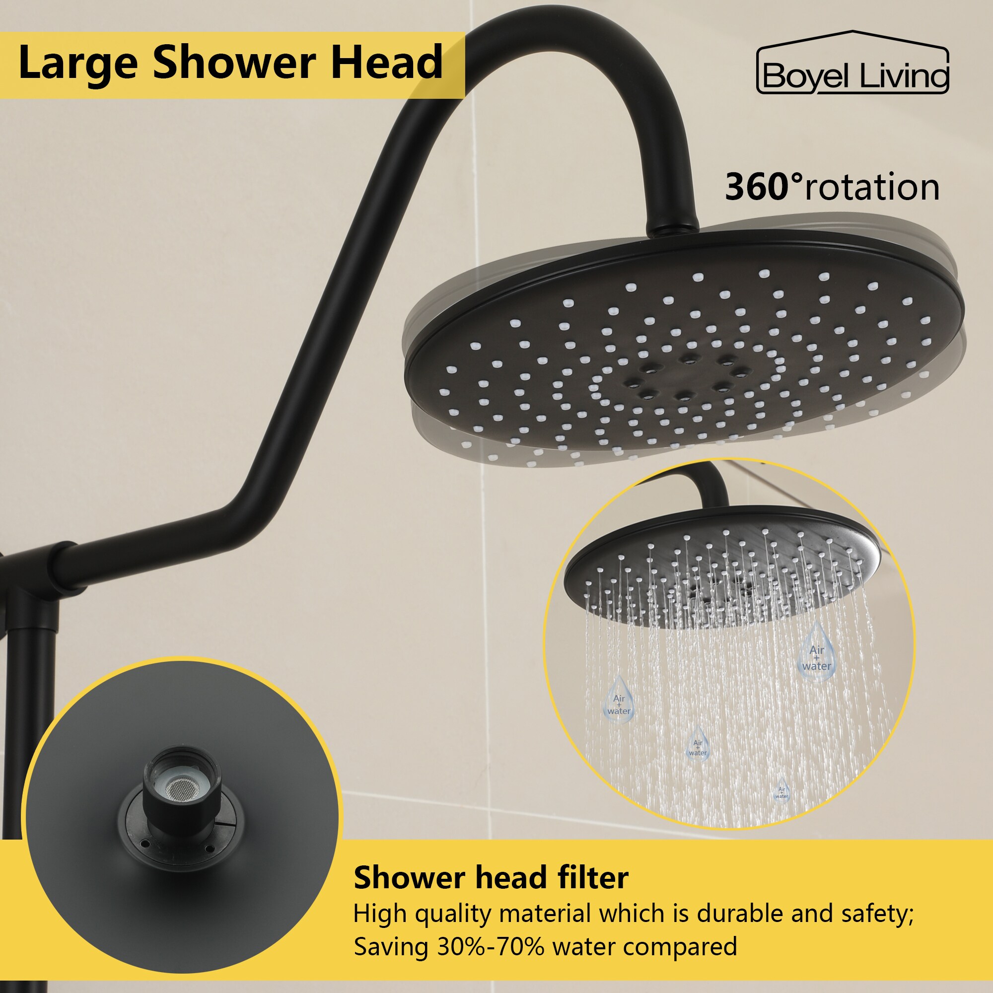 Boyel Living Exposed Pipe Complete Shower System 1-Spray Patterns with 2.5 GPM 8 in. Wall Mount Dual Shower Heads in Matte Black