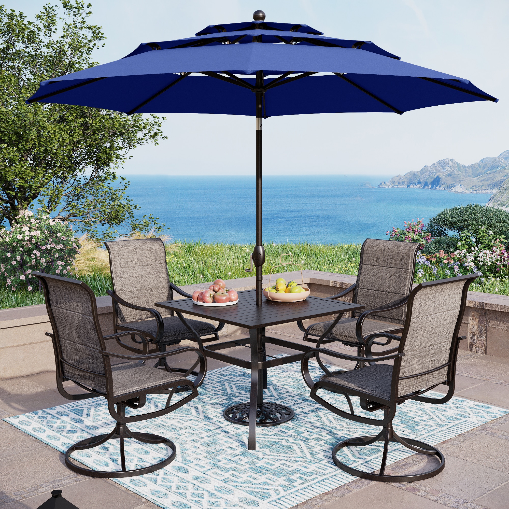 Sunshine Valley TC5-115-1-9Z 6 -Piece Black Patio Dining Set Steel Square Table with 4 Gray Swivel Chairs and Umbrella Included
