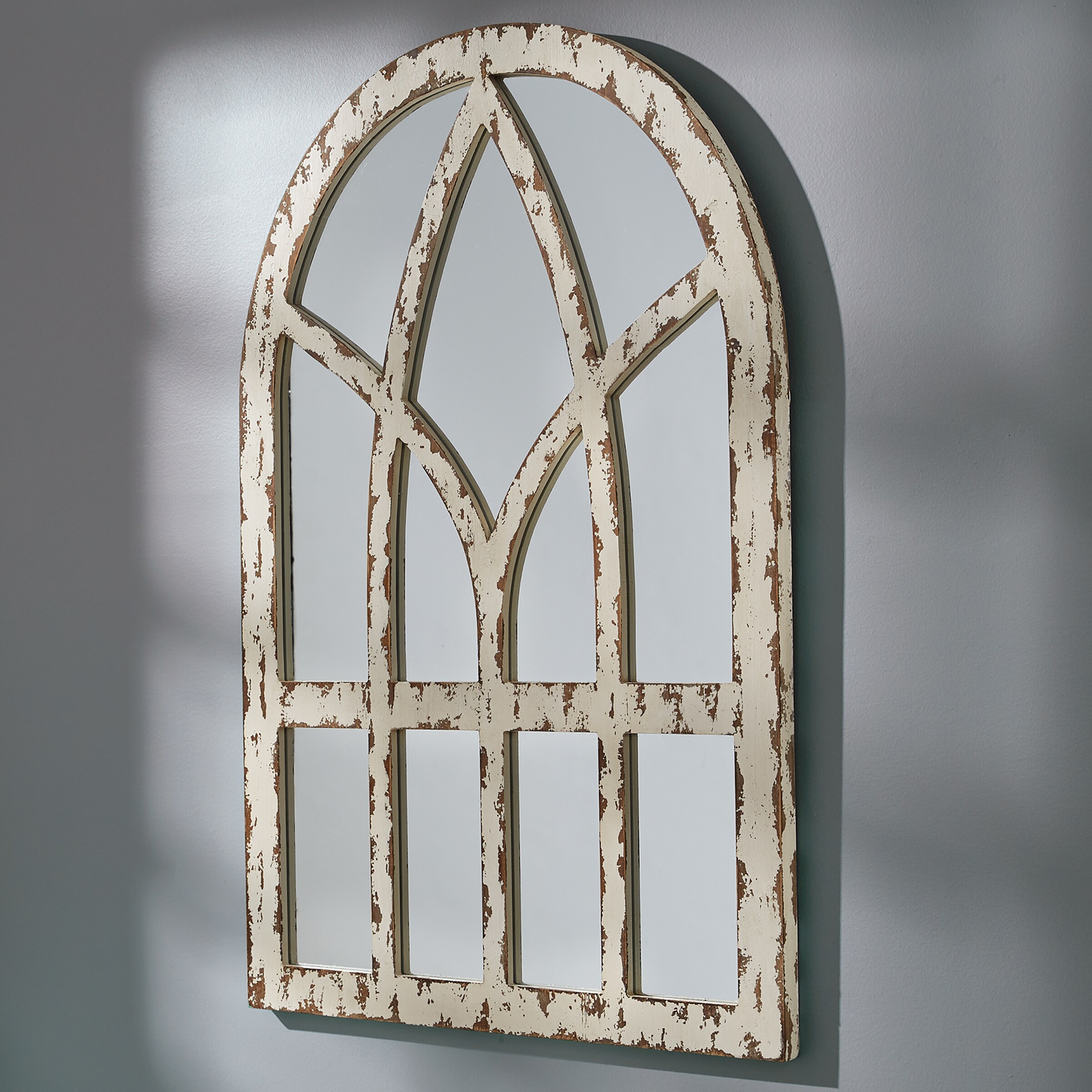 Cathedral Arch Distressed White Wooden Wall Mirror 36"H