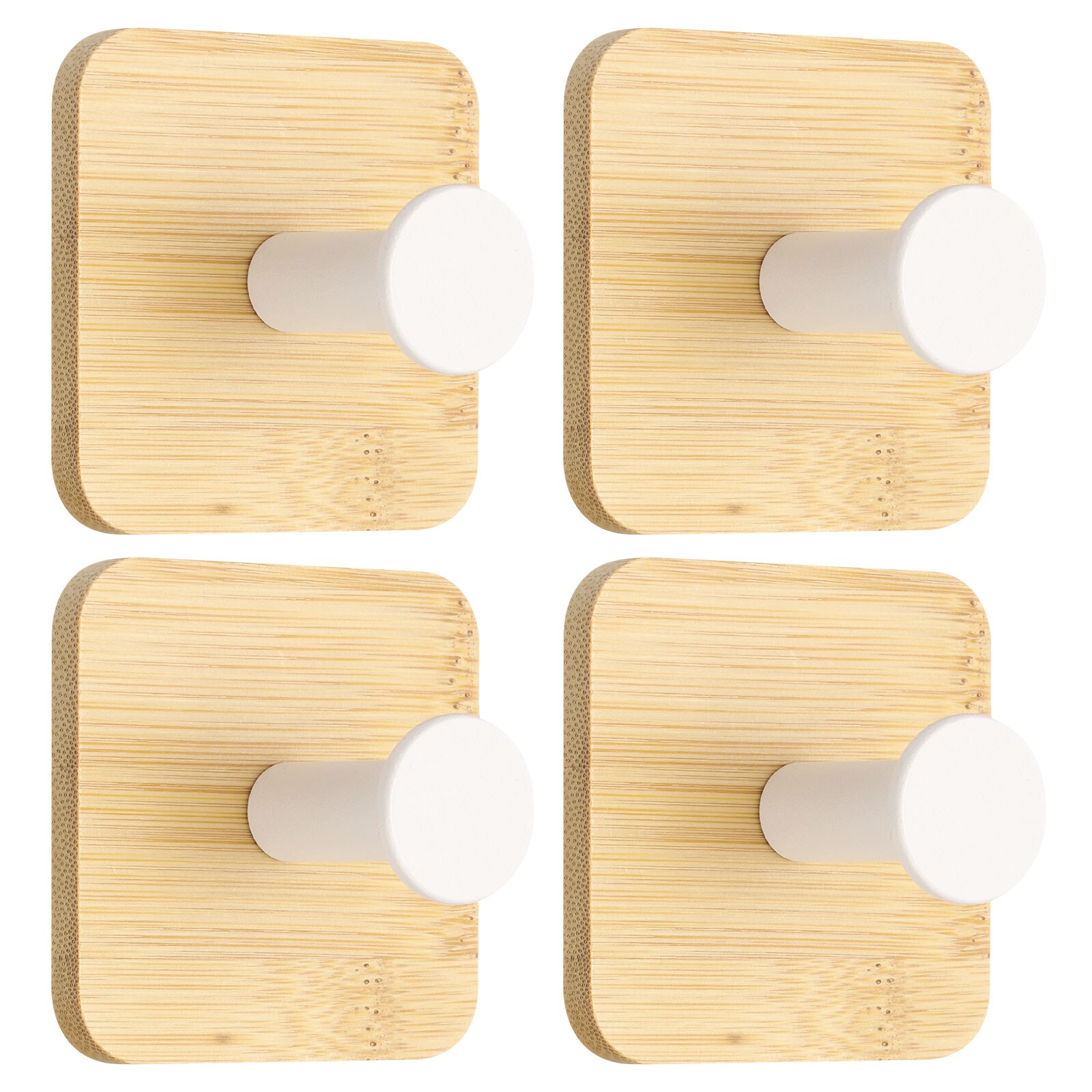 Unique Bargains 4pcs Wood Wall Self Adhesive Hooks Towel Hanger Bracket Heavy Duty Hook for Bedroom Kitchen Bathroom Coat Robe White (Square Single Hook)