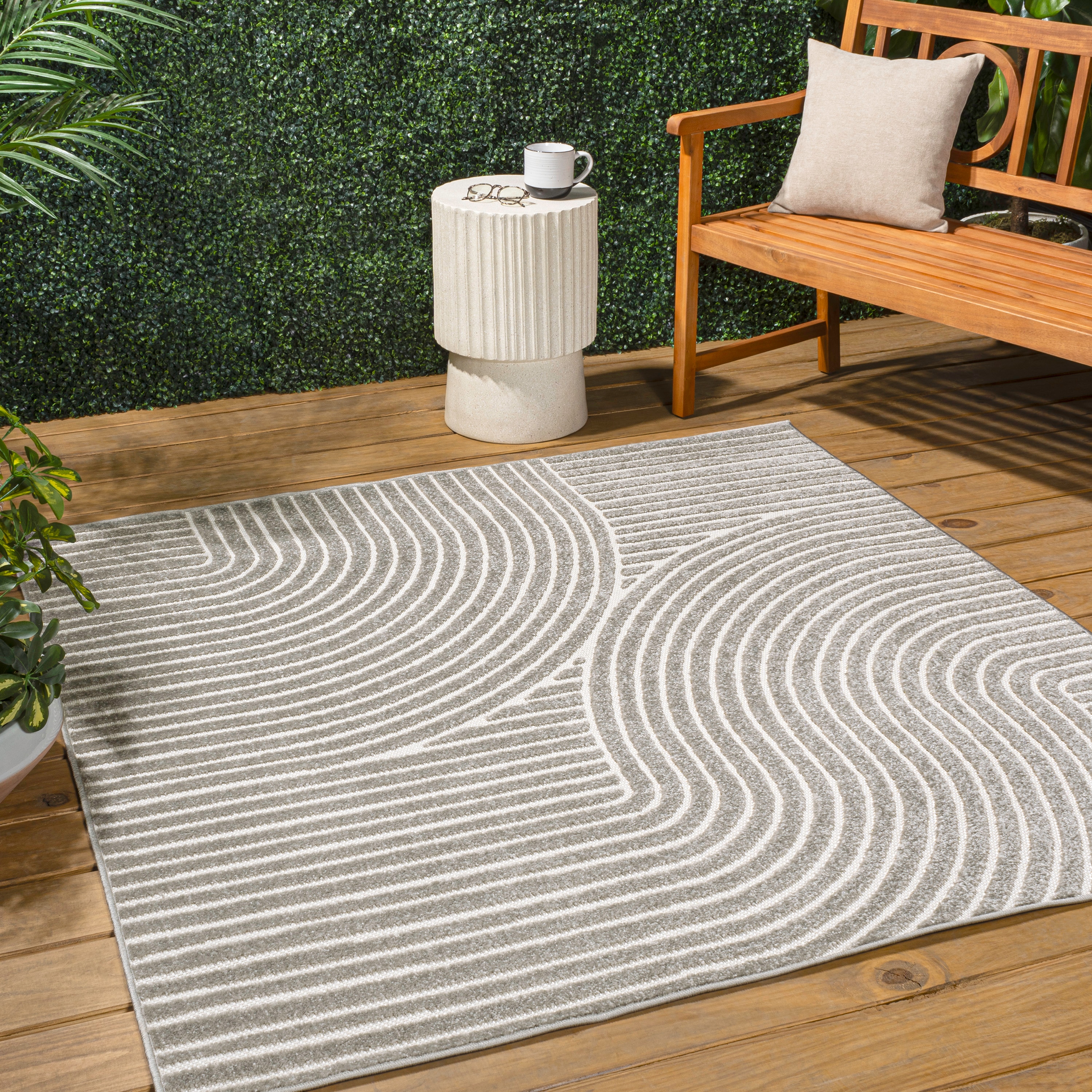 JONATHAN  Y SCN100A-7SQ SCANDINAVIAN Hallie High-Low Minimalist Curve Geometric 7 x 7 (ft) Polypropylene Gray/Ivory Square Indoor Geometric Mid-Century Modern Area rug