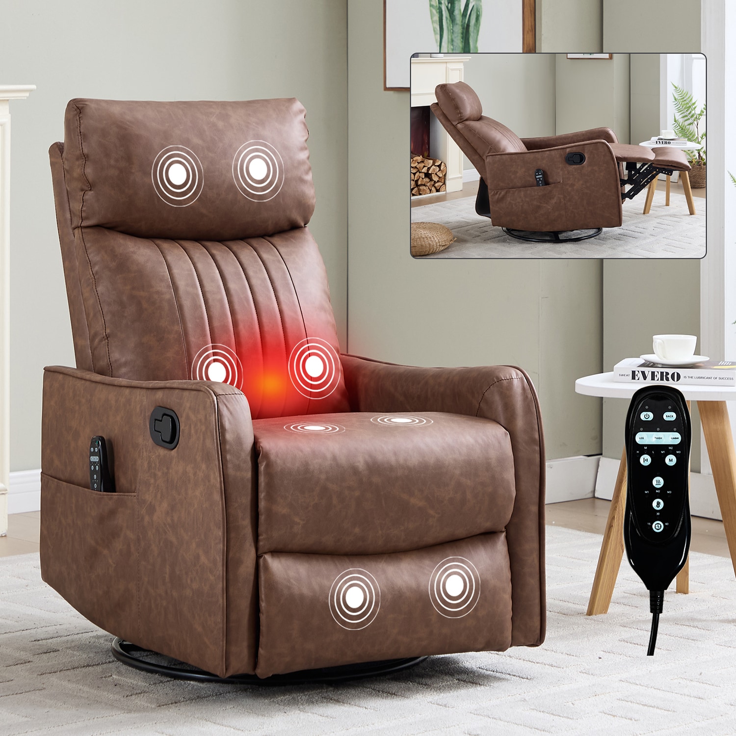 GZMR Heat Massage Manual Rocker Recliner Swivel Chair Brown Faux leather Upholstered Massage chair