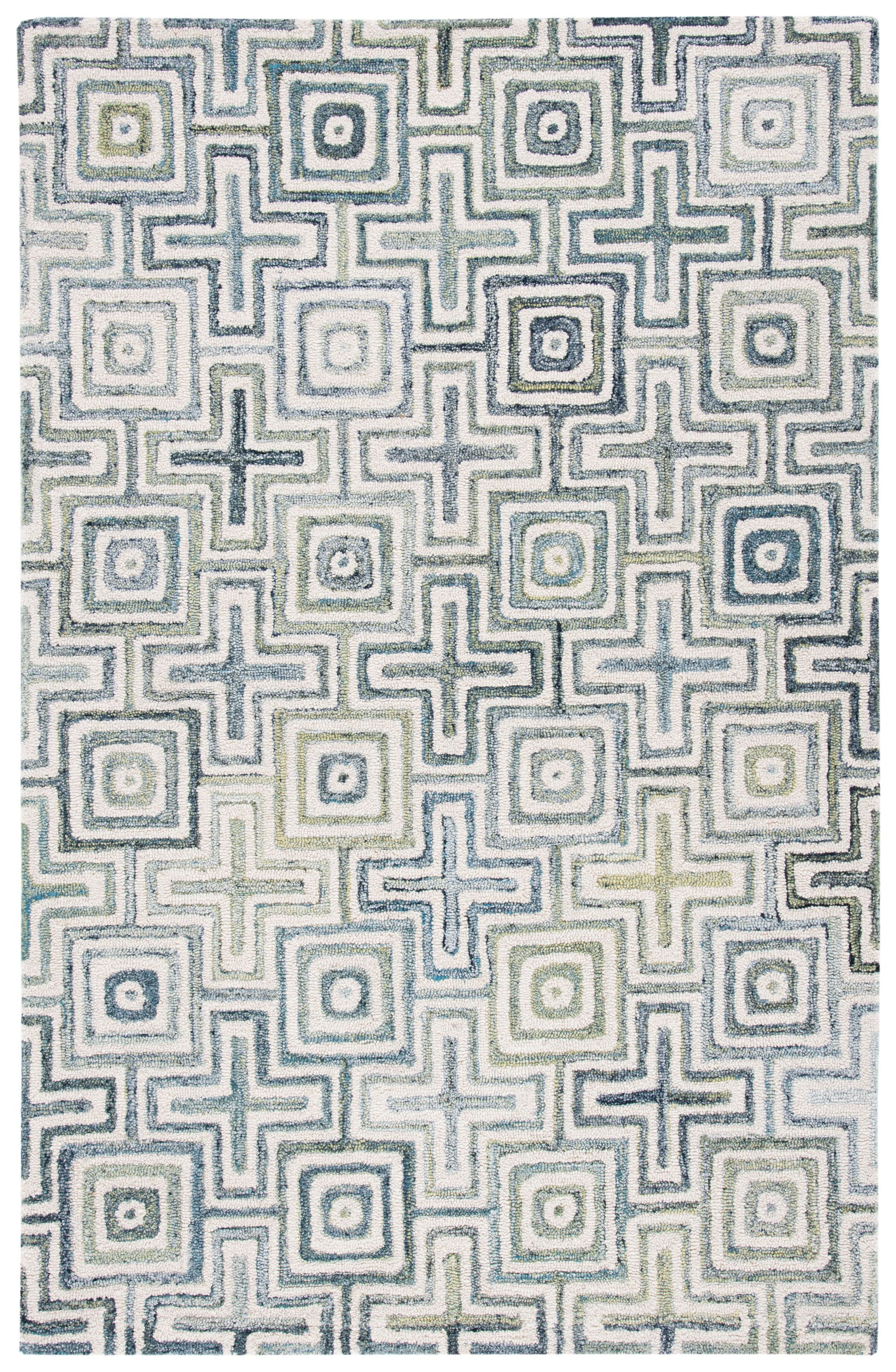 Ivory and Blue Geometric Hand-Tufted Wool Area Rug, 6' x 9'
