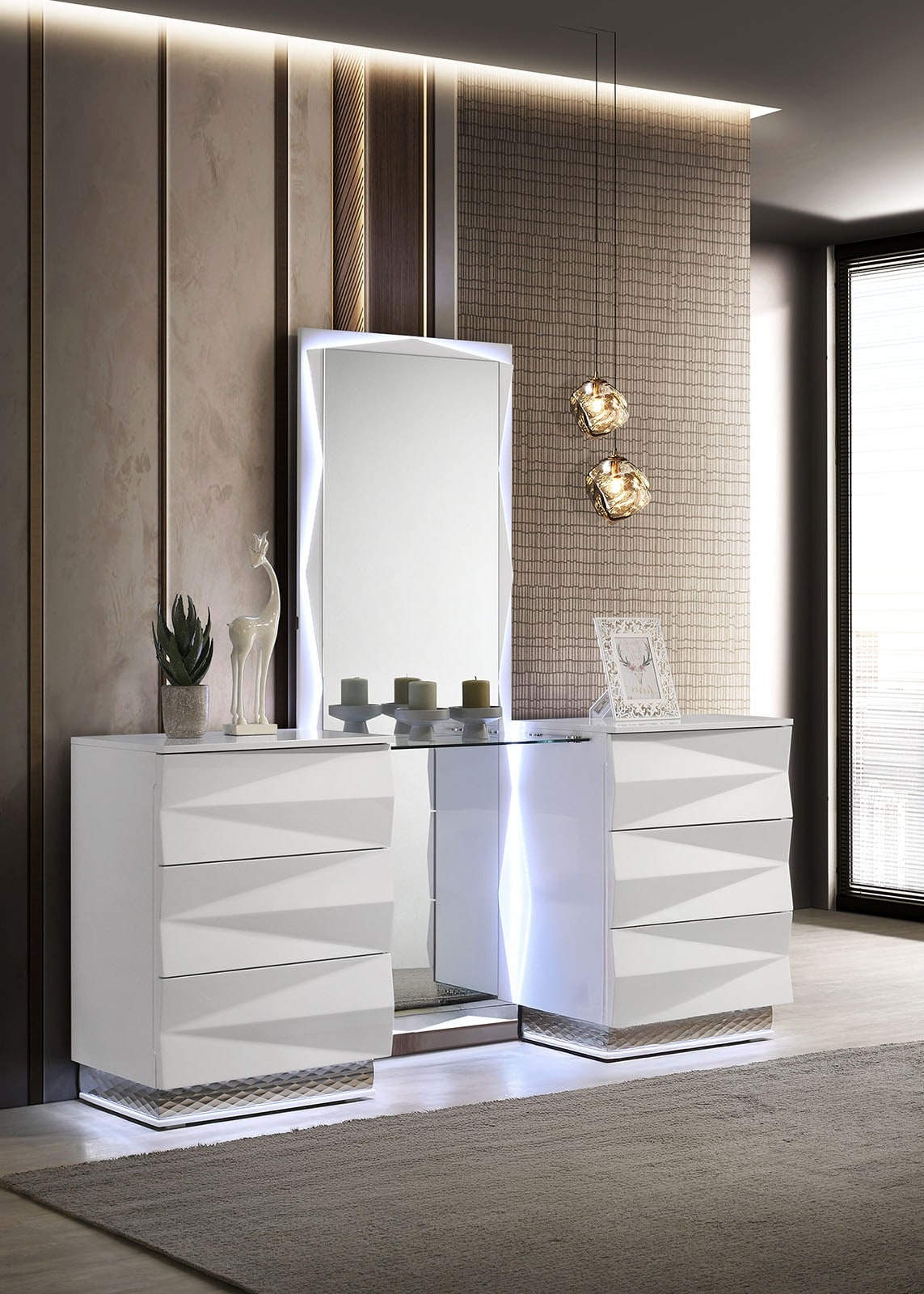 LUXEYARD White Vanity Set w Mirror Storage Drawers Contemporary Style Bedroom Vanity