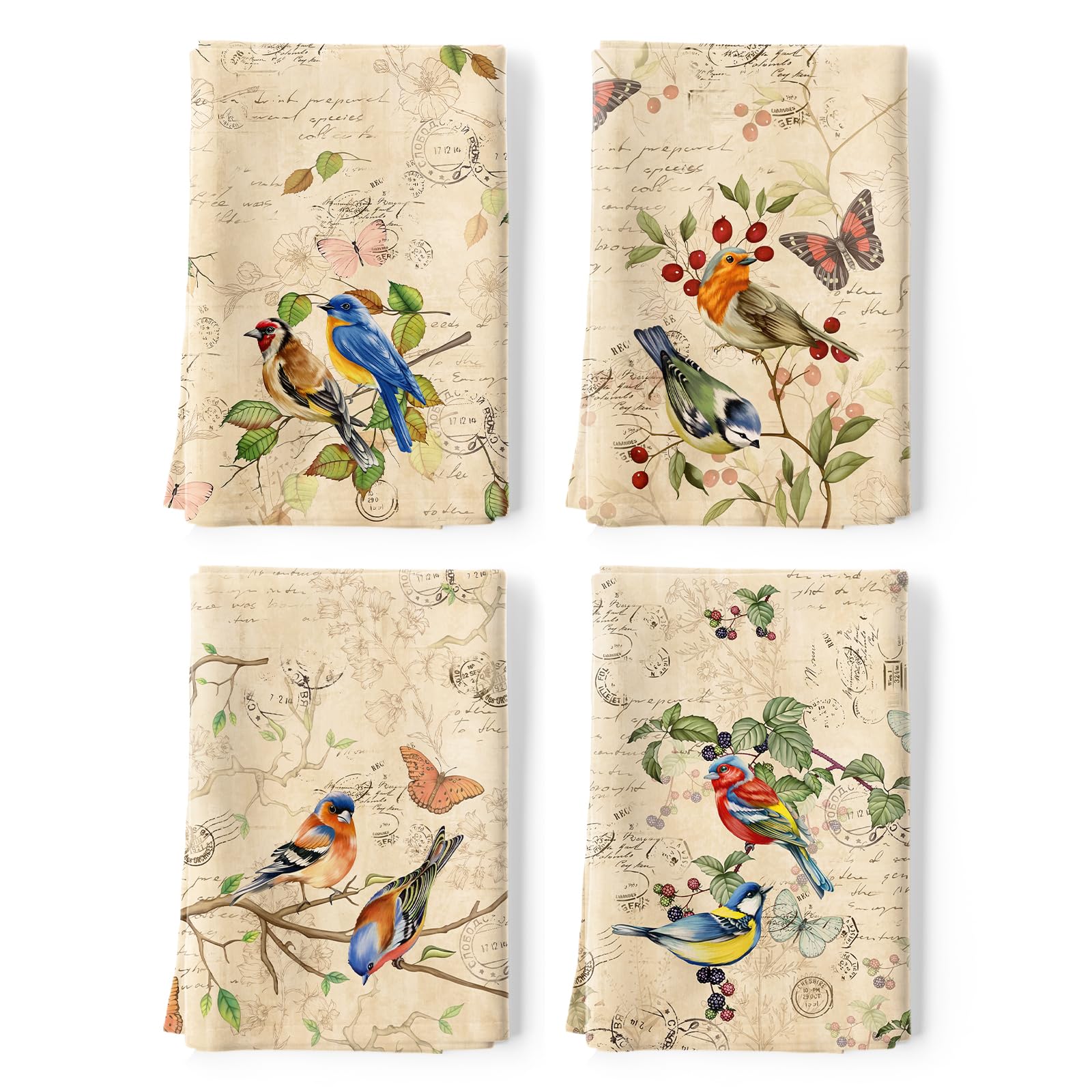 DHMHD  Retro Birds Tea Towels Cotton Kitchen Towels Eighteen Point Nine by Twenty Seven Point Five Inch Set of Four durable home and garden