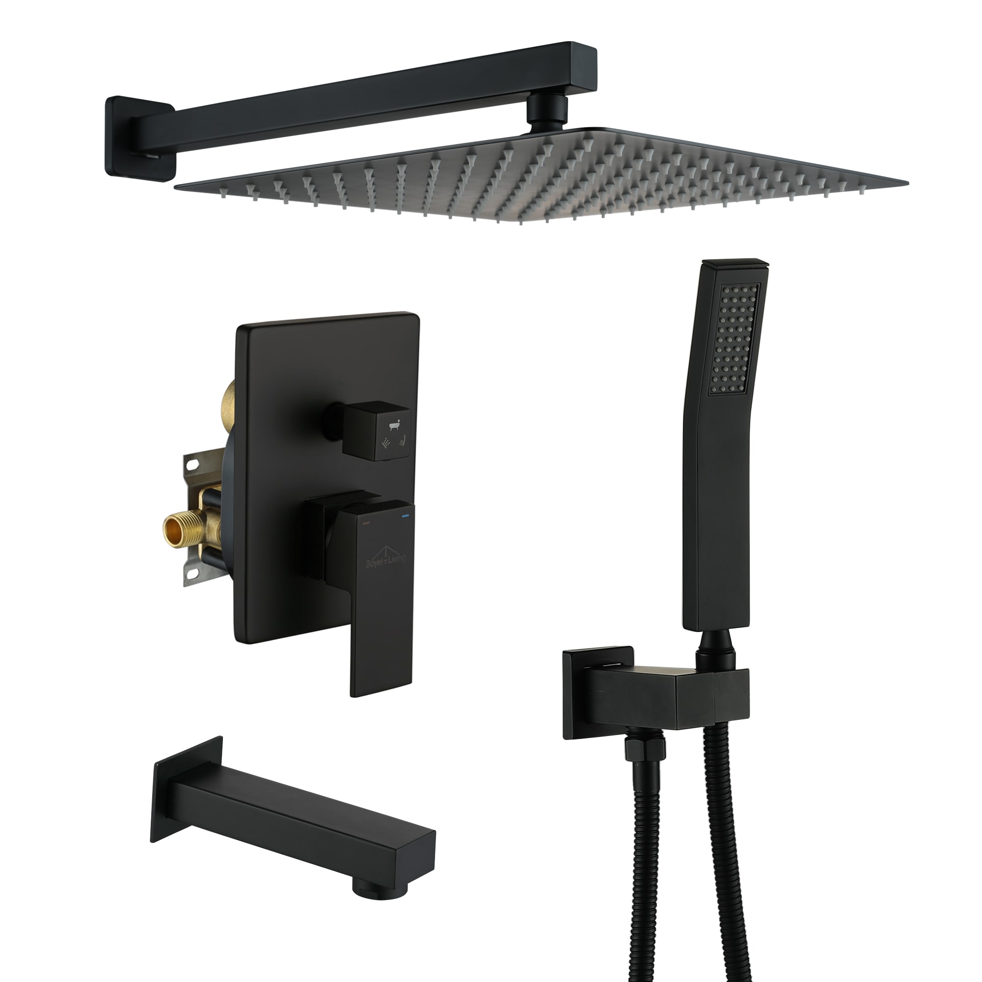 Clihome MS-BL-A3803-3MB Matte Black 12-in Dual Head Built-In Shower Faucet System with 3-way Diverter ( Pressure-balanced Valve Included )
