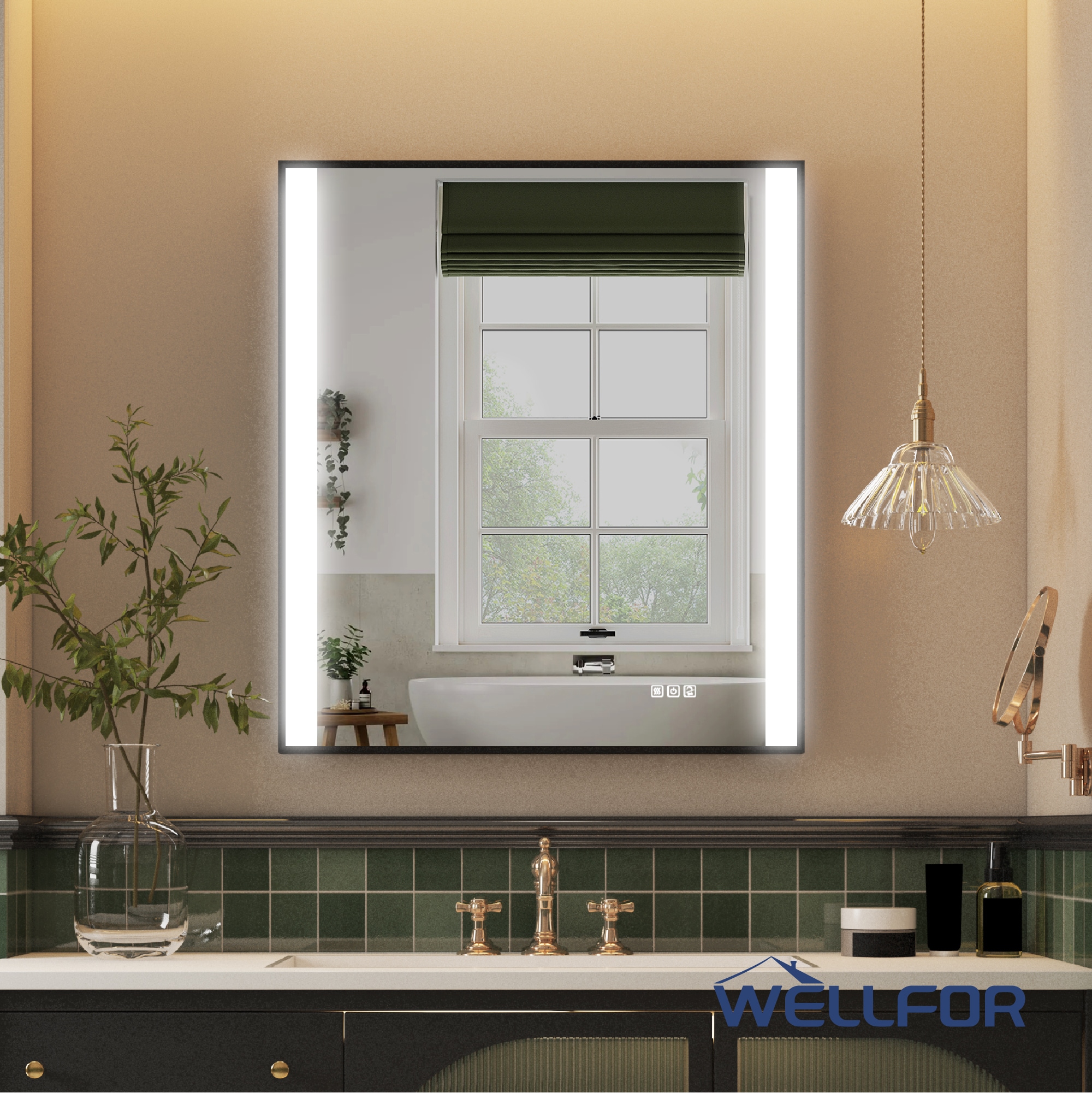 WELLFOR KAFMC4F1-2230 Meira 32-Inches x 36-Inches Framed Rectangle Dimmable LED Lighted Fog Free Bathroom Vanity Mirror ( Matte Black )