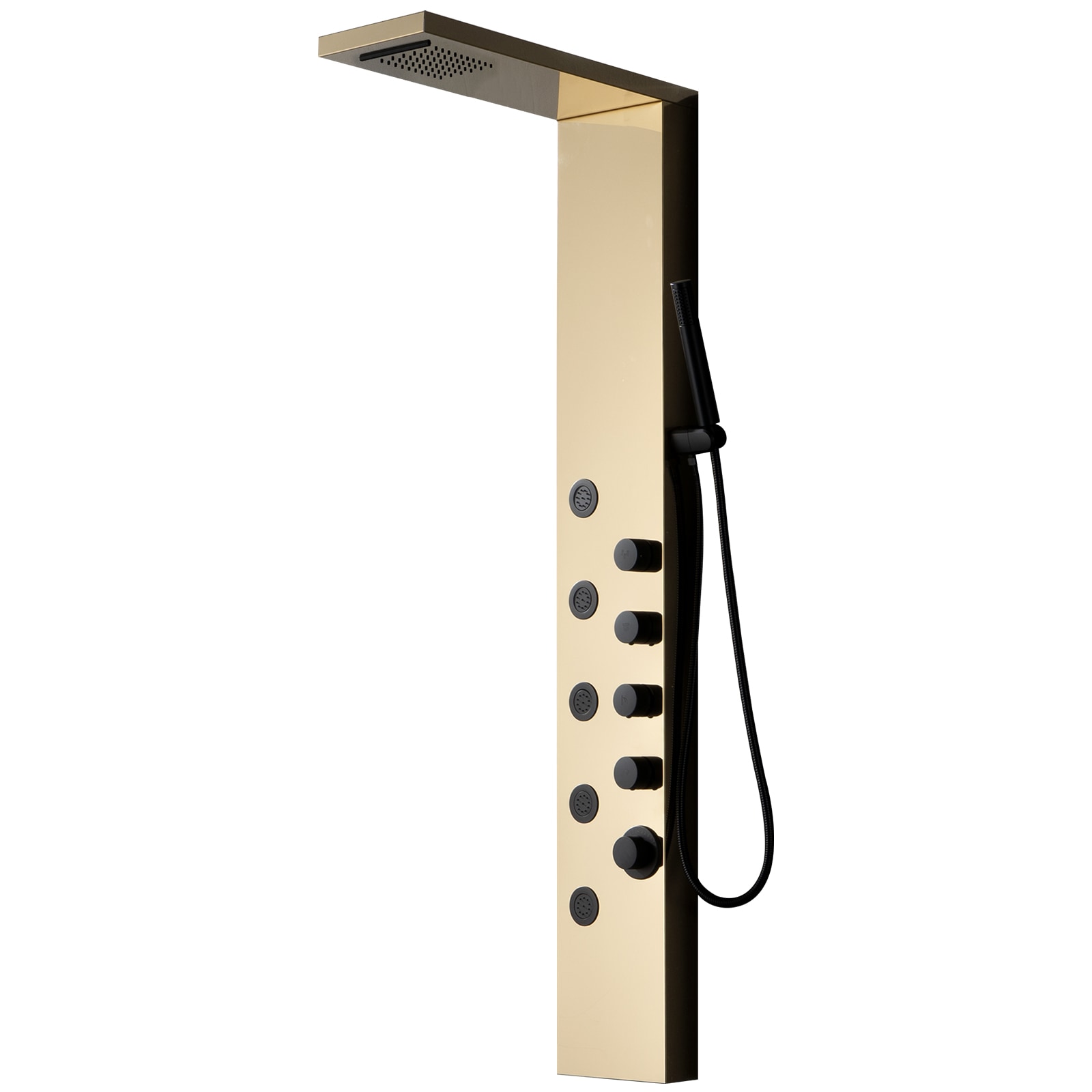 BWE YTP19-BGK Onyx SPA All-in-One Black and Gold 20-in Waterfall Dual Head Shower Tower System with 3-way Diverter ( Ceramic Disc Valve Included )