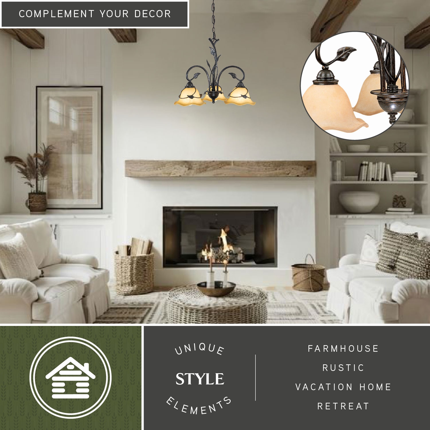 Vine Black Steel 3-Light Chandelier with Amber Glass Shades