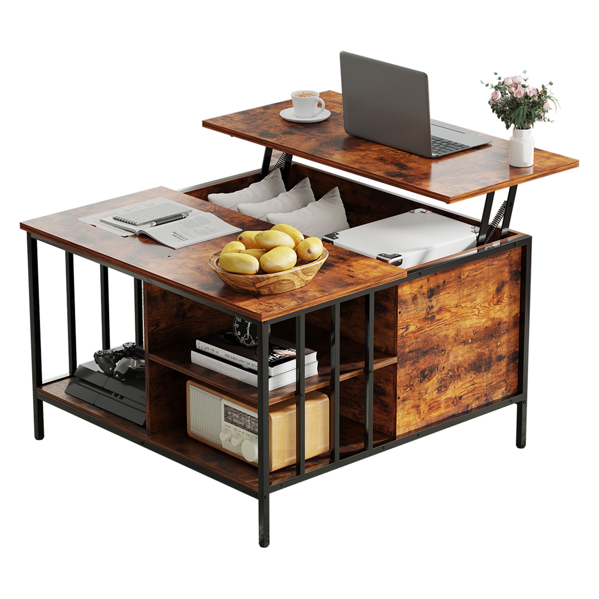 Tatayosi JL-354183 Farmhouse Lift Top Coffee Table with Storage Adjustable Height Living Room Table Multifunctional Center for Family with Hidden Compartment 3 Shelves 110lbs Capacity Easy to Clean