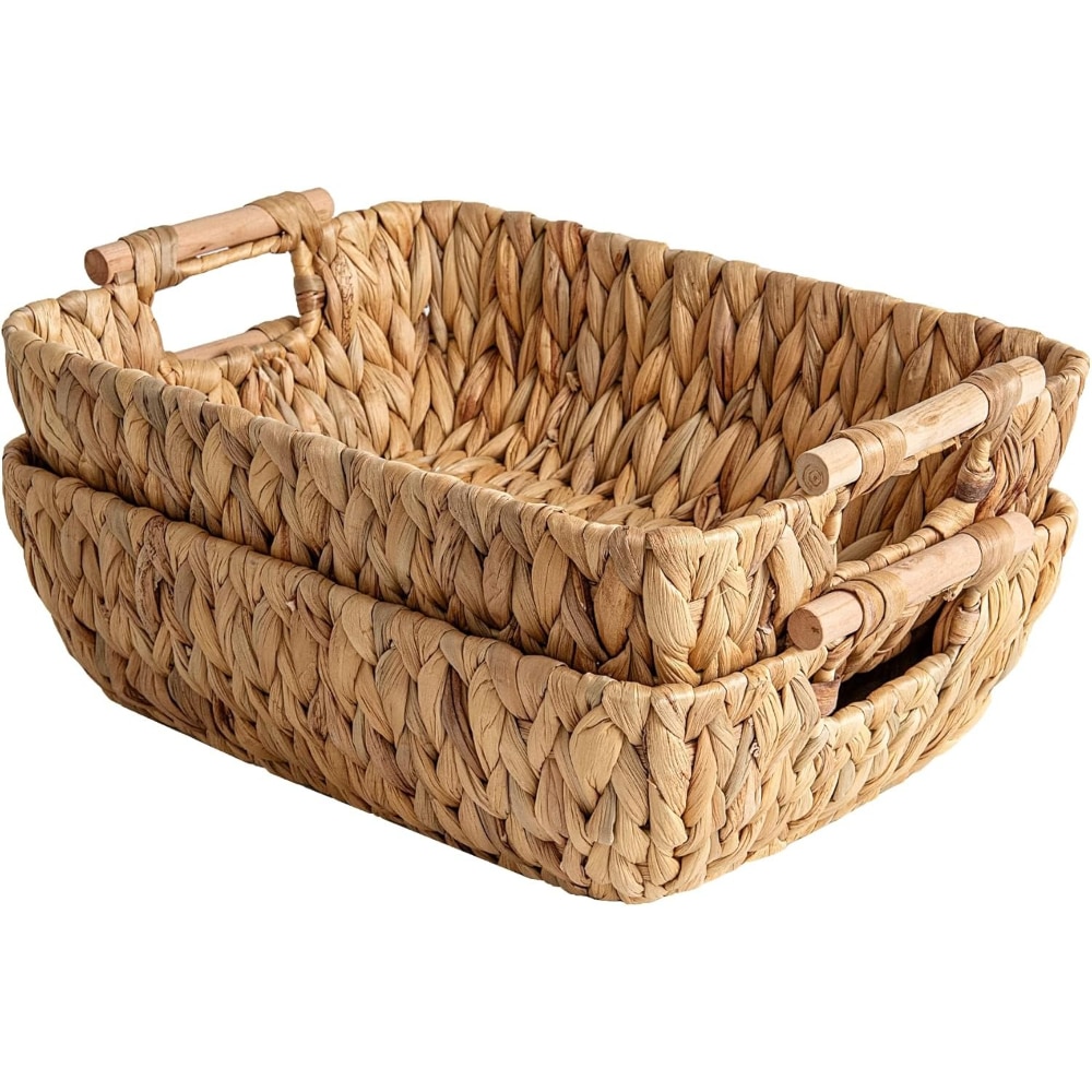 Baginizer Hand Woven Water Hyacinth Storage Baskets 2 Pack Large with Wooden Handles Wicker Bins for Organizing #BAGINIZER000115