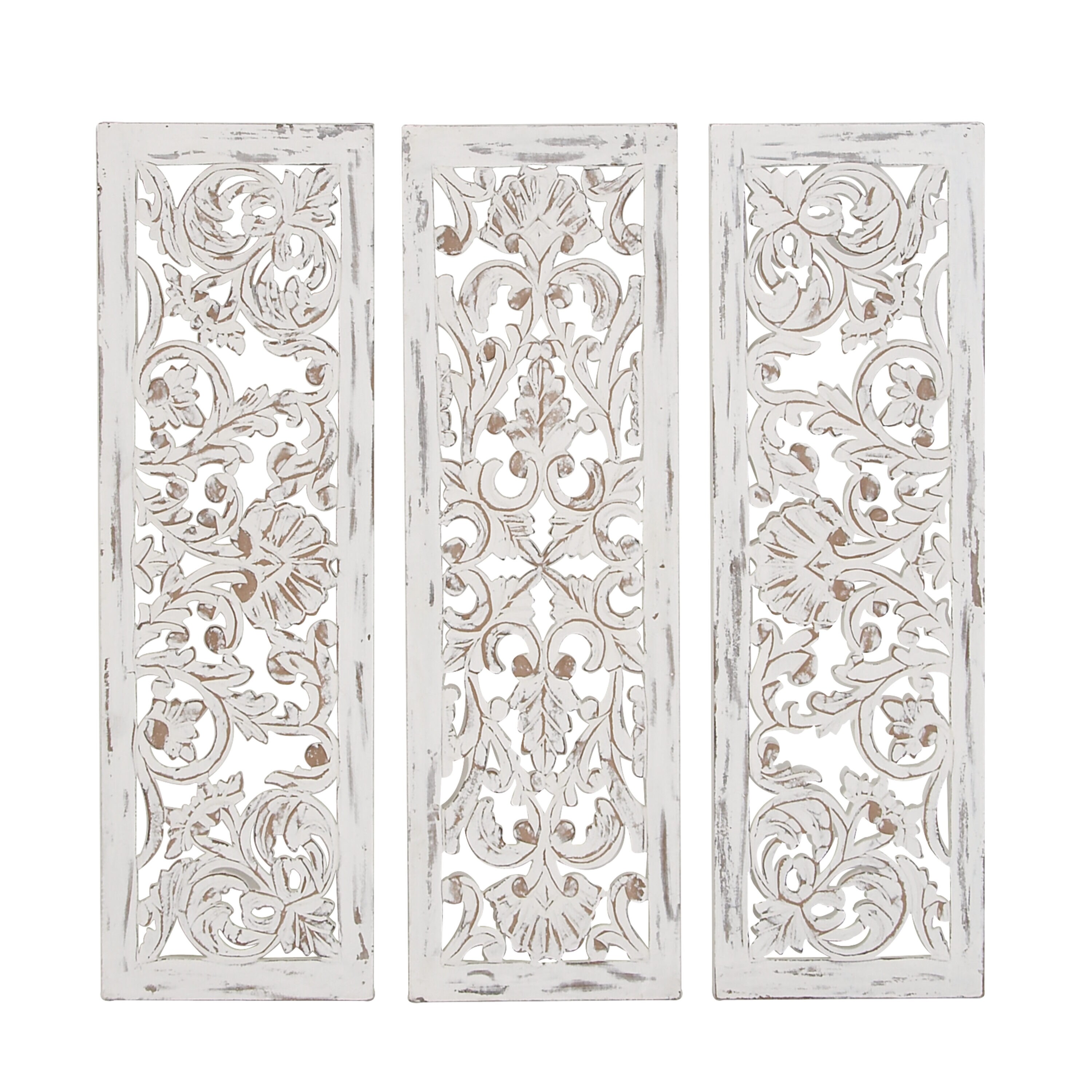 White Distressed Wood Carved Floral Wall Panels Set of 3