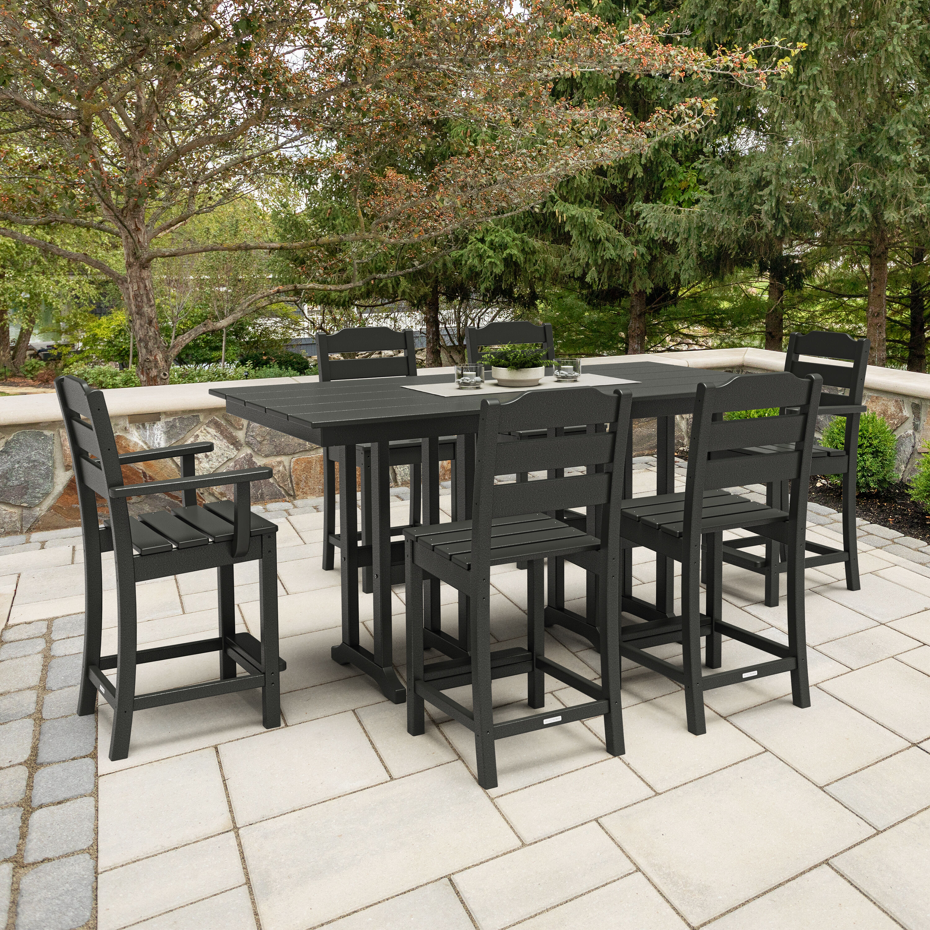POLYWOOD PWS2537-1-BL Oakport 7 -Piece Black Balcony Height Patio Dining Set Plastic Rectangle Table with 6 Stationary Chairs
