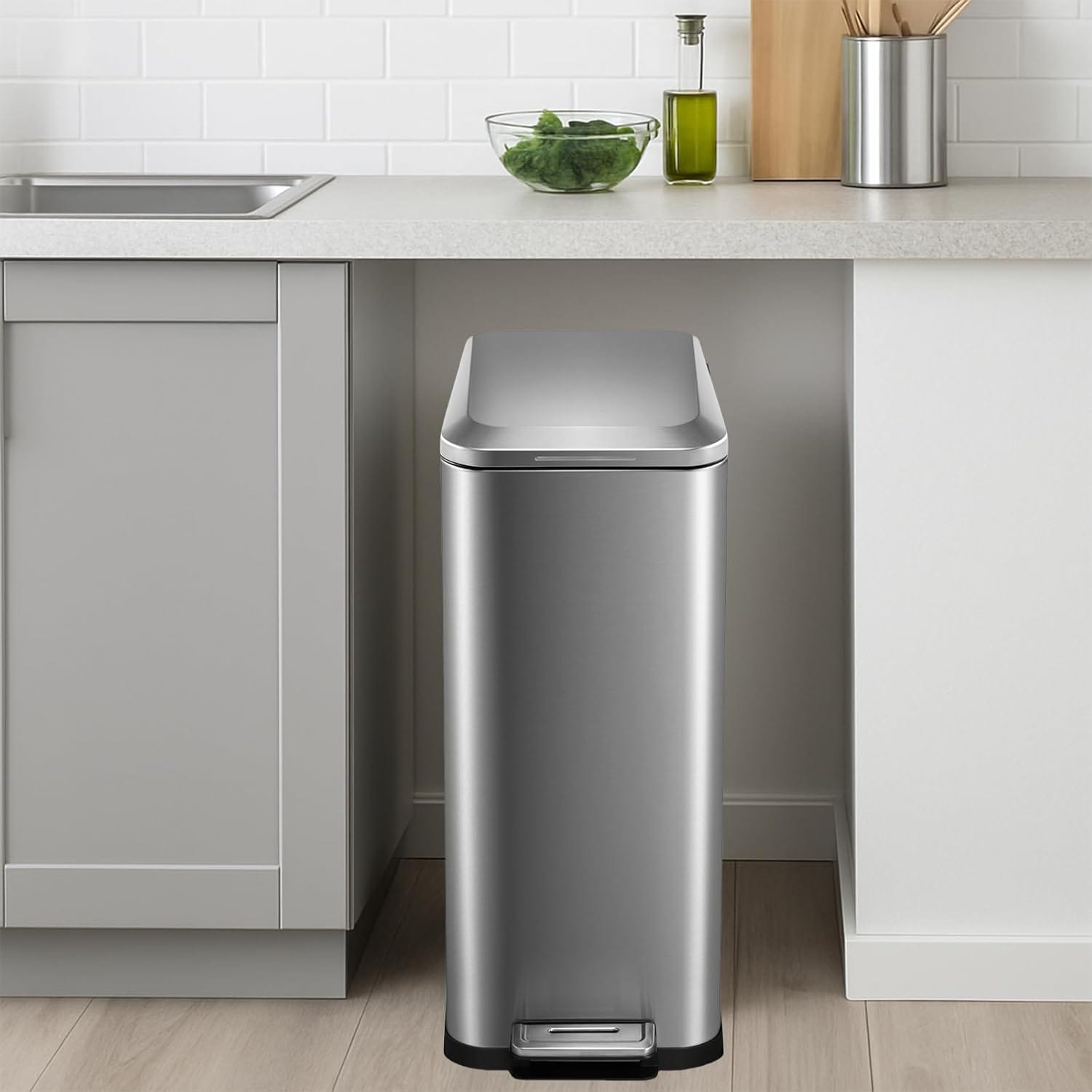 Qeetex JBX-PHO11EPYCDH Two Eight Gallon Thirty Liter Stainless Steel Dual Compartment Trash Can With Step On Pedal Soft Close Lid Fingerprint Resistant Modern Brushed Finish For Kitchen Recycling Silver