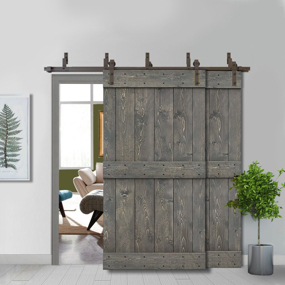 Calhome 44 In X 84 In Weather Gray 2 Panel Solid Core Stained Knotty Pine Wood Double Barn Door 