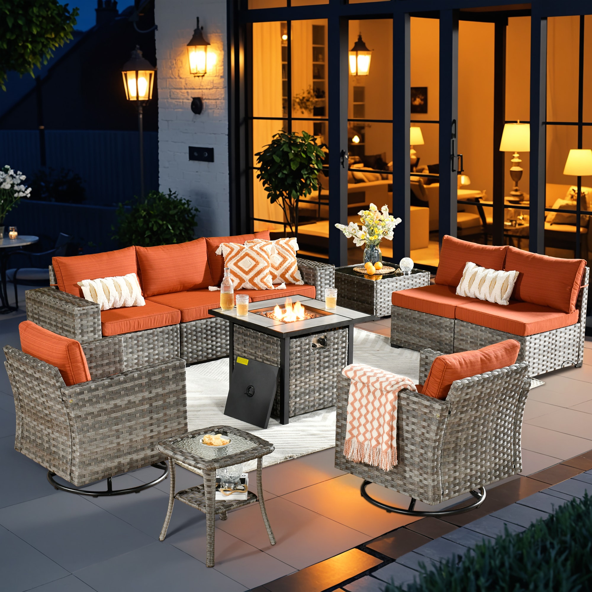 Pouuin SFPYZBBR8-10 Rattan Outdoor Sectional with Red Cushions and Steel Frame