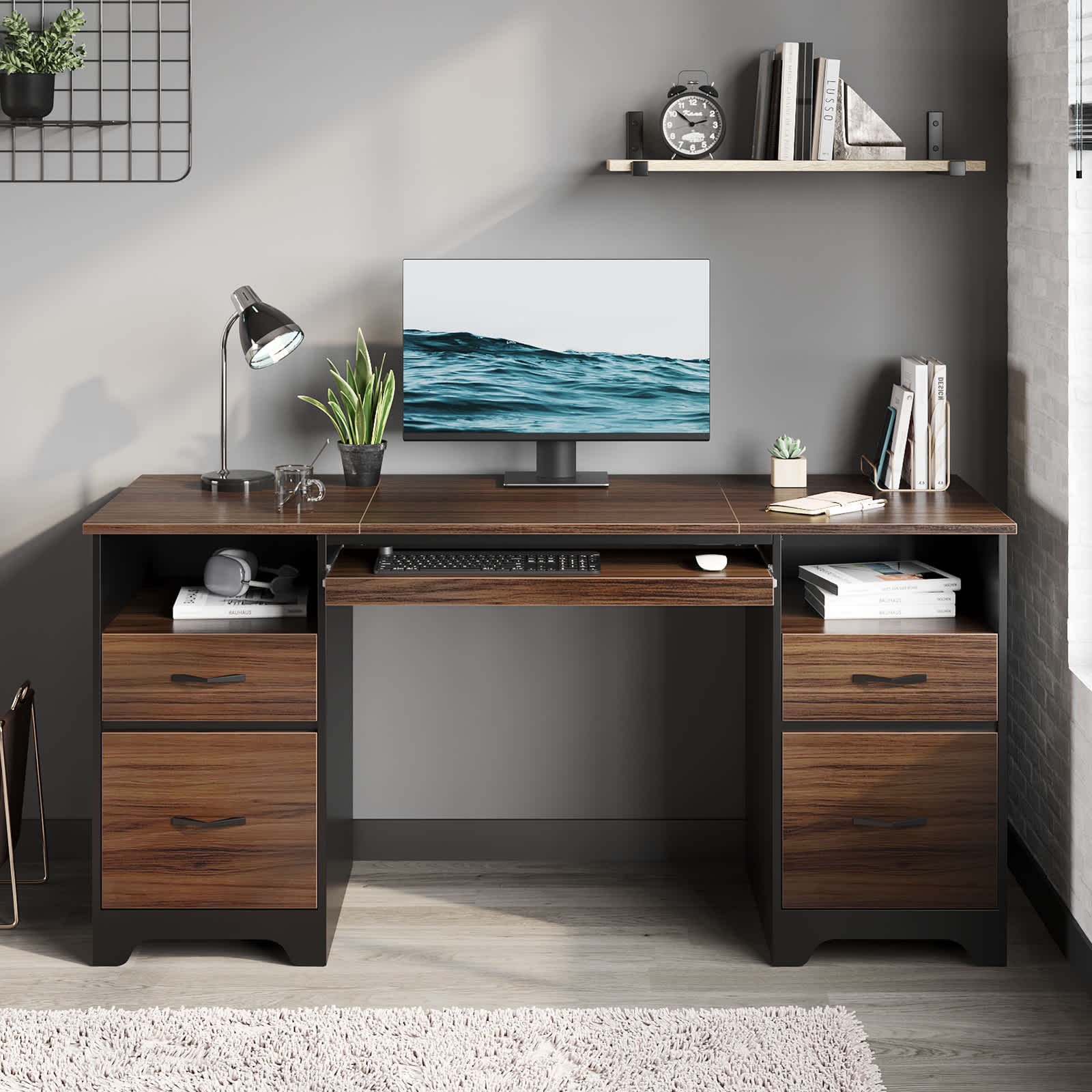 Bestier LOW-H104415L-CRY 59.06-in W 4-Drawer Cherry Computer Desk