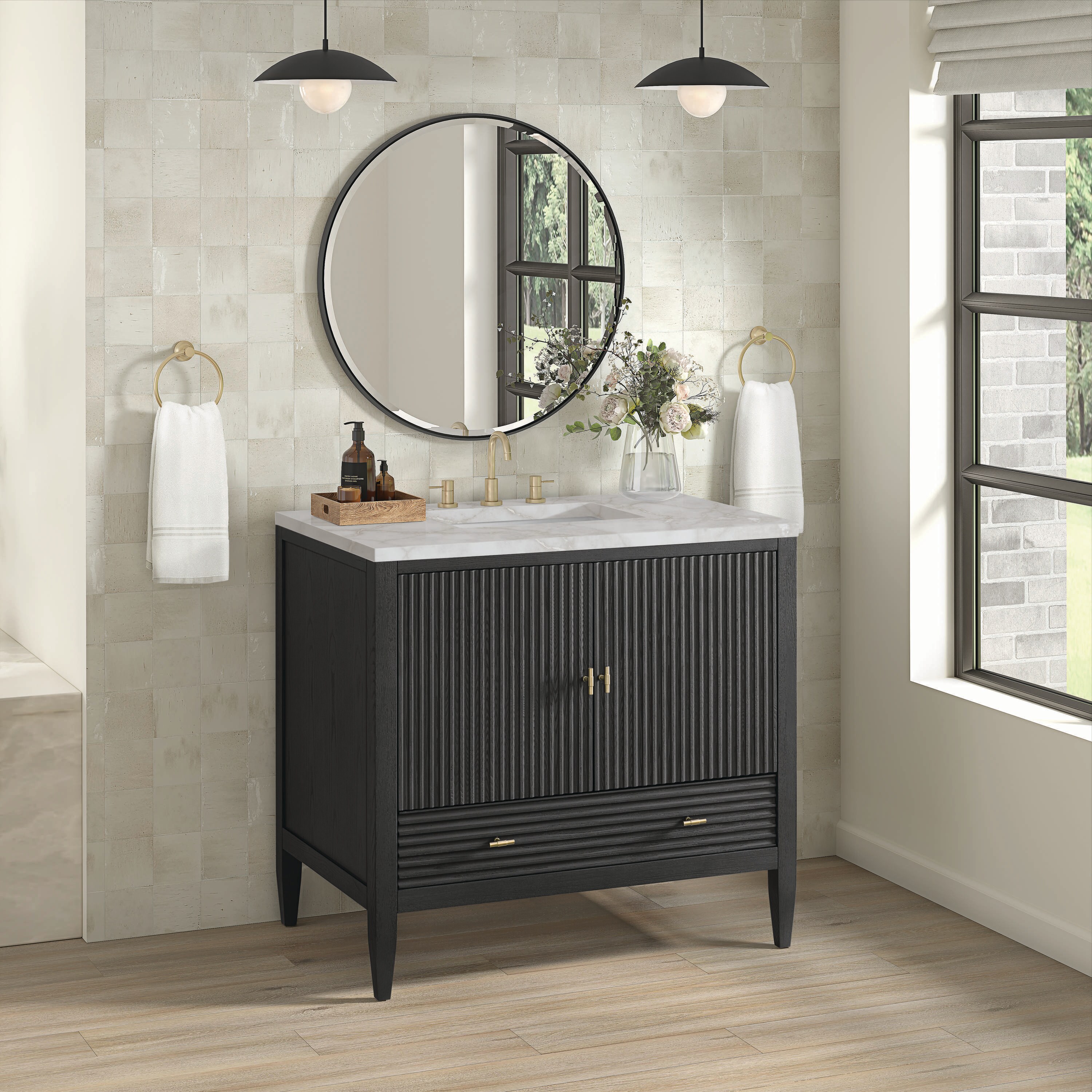 36" Black Plywood Freestanding Single Vanity with Brass Accents