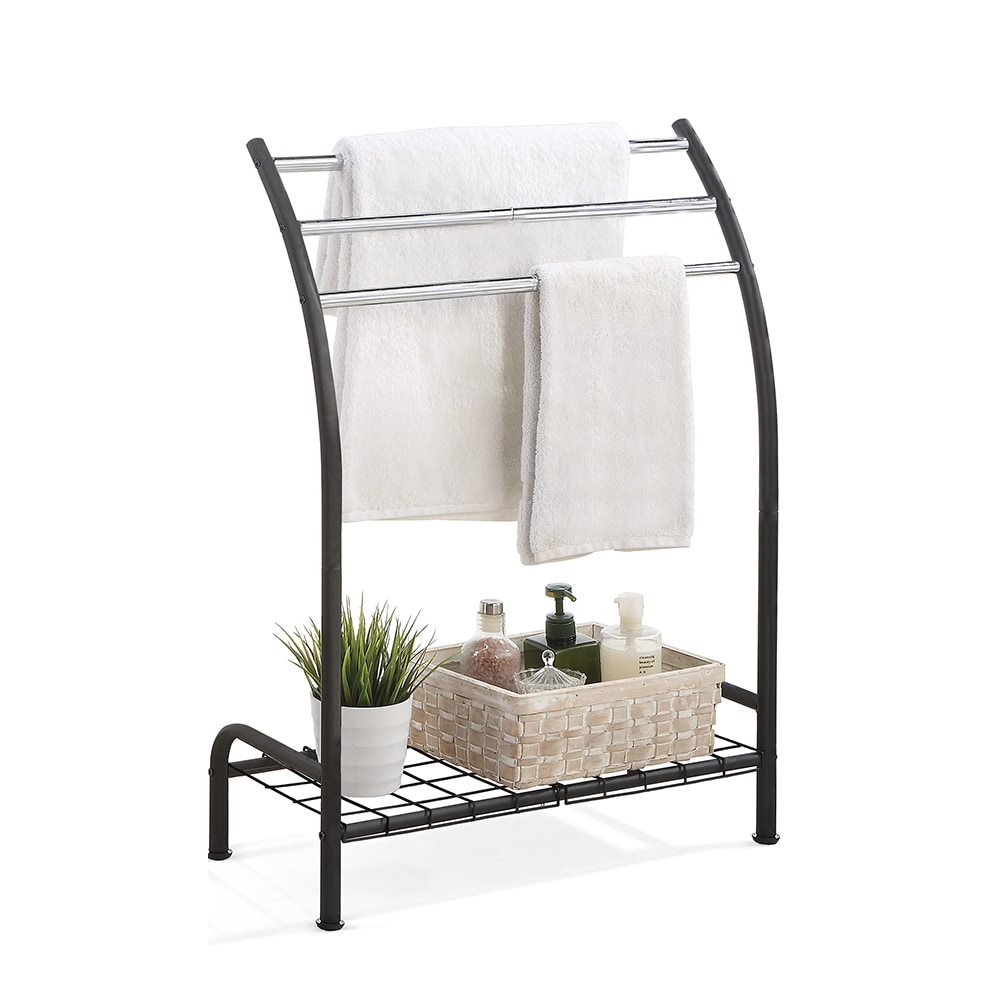 SunnyPoint Freestanding Three Hanging Bar Towel Rack with Bottom Shelf Color Black #YP-TOWEL-BLK