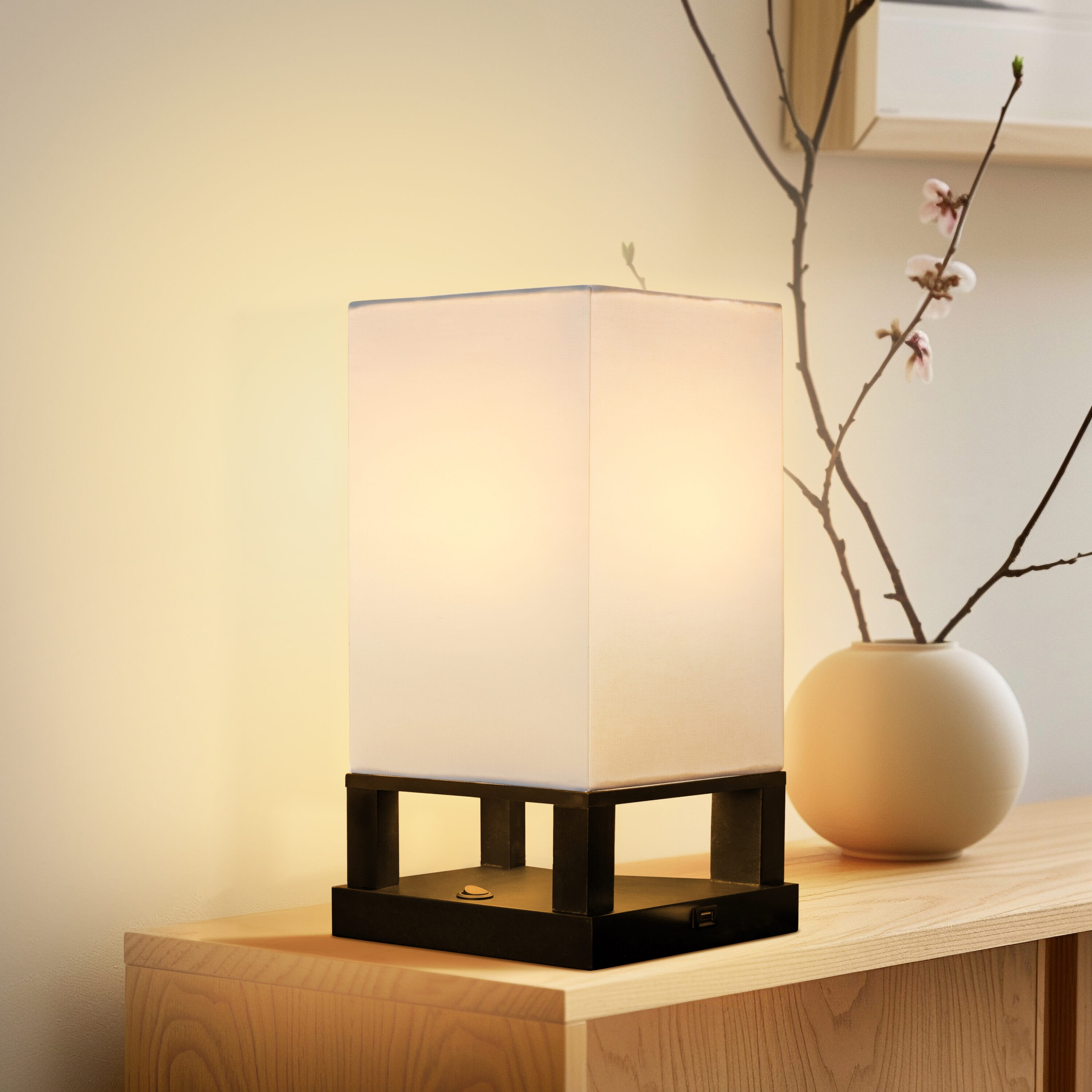 Brightech 14-in Maxwell Japandi-Inspired LED Bedside Table Lamp