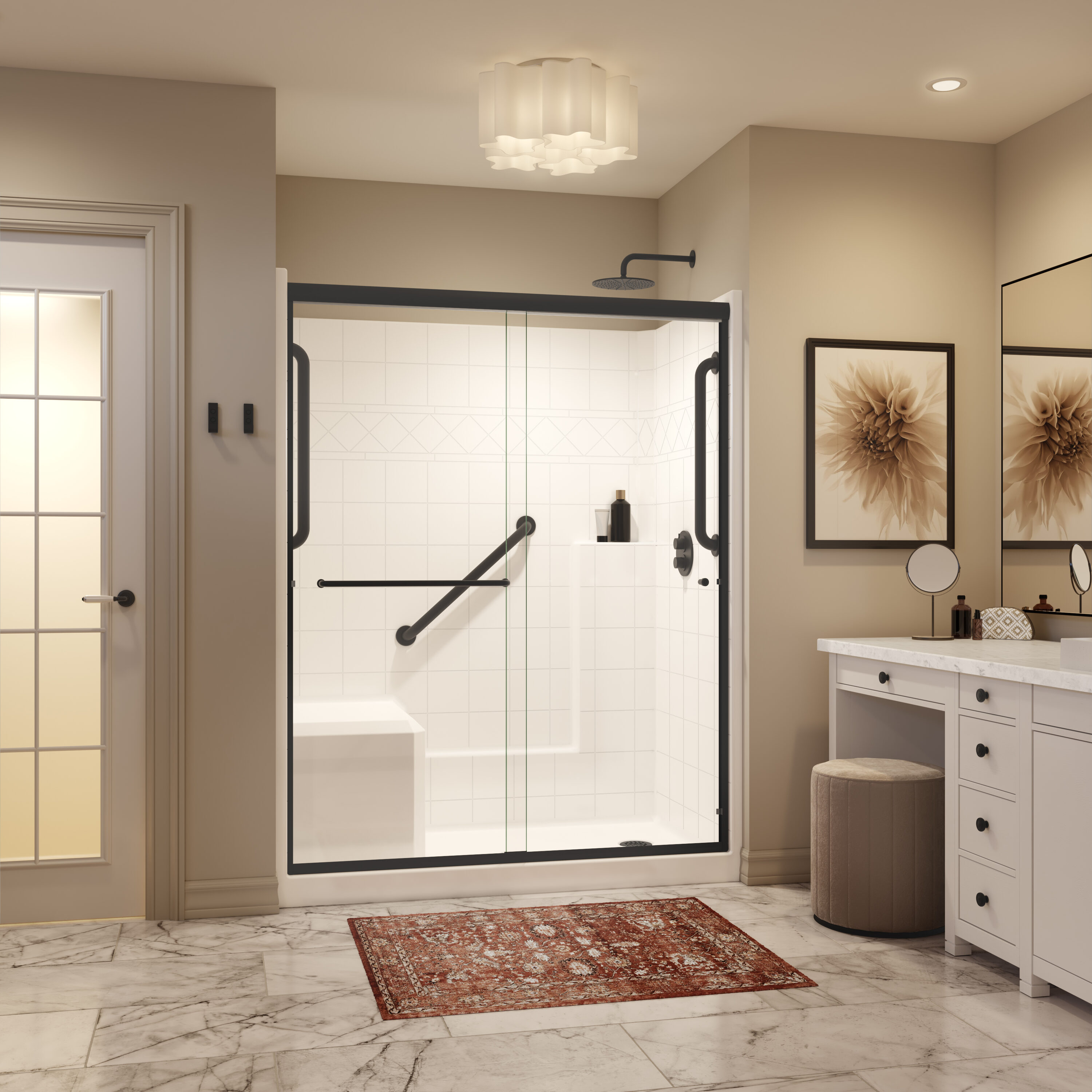 Laurel Mountain LM6036SH1S1PLWM3 Fairfax 36-in W x 60-in L x 77-in H Rectangular One-piece shower kit ( Right Drain) with Integrated Seat Base, Wall, Door and Drain Included Black Hardware Included