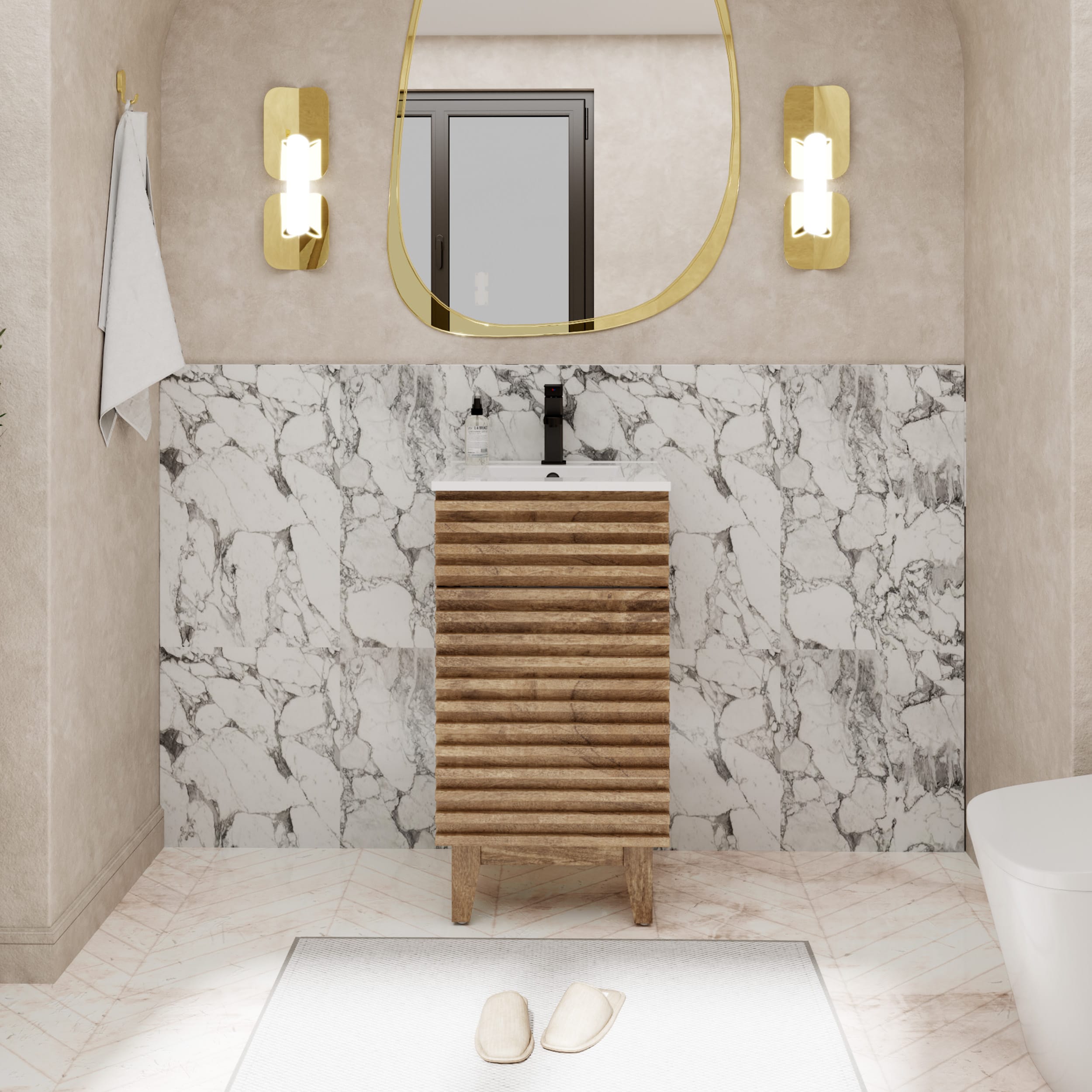 eclife - 18 inch Modern Wood Grain Freestanding Single Sink Bathroom Vanity with  White Integrate...