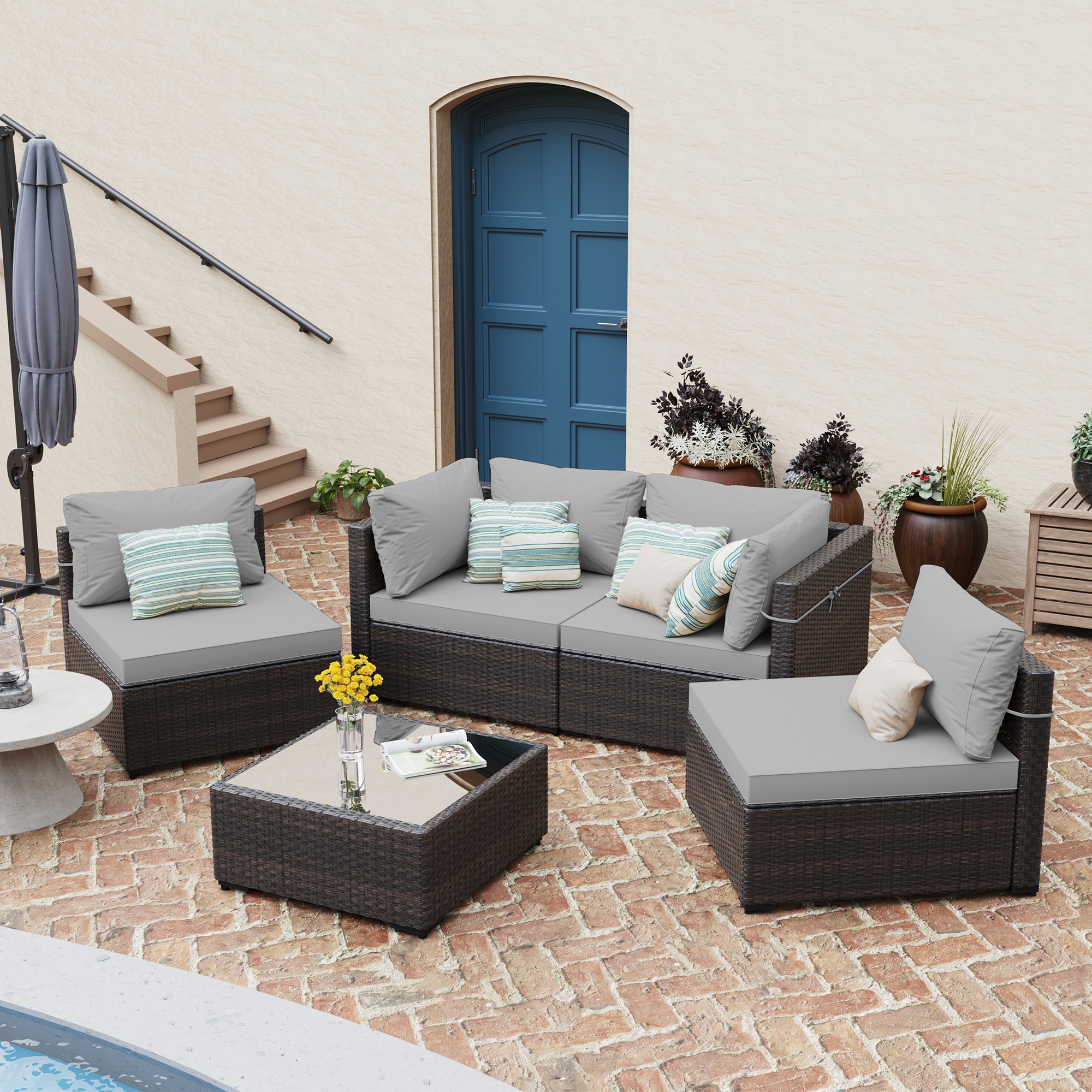Patio Watcher RT-OD7-B1-3 5 -Piece Rattan Patio Conversation Set with Light Gray Cushions