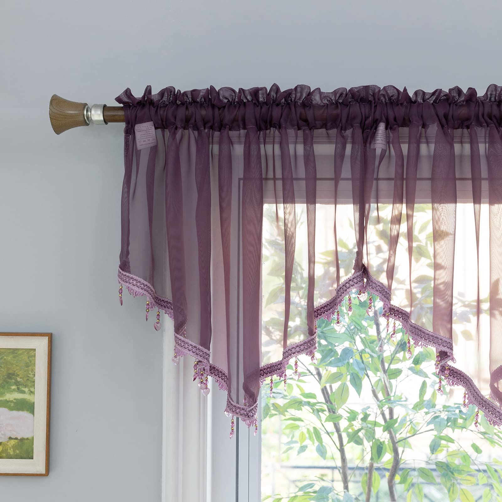 LAIFUCAM  Beaded Sheer Valance Curtains for Living Room Rod Pocket Farmhouse Window Valance Bead Trim Tassel Voile Sheer Curtain Valance for