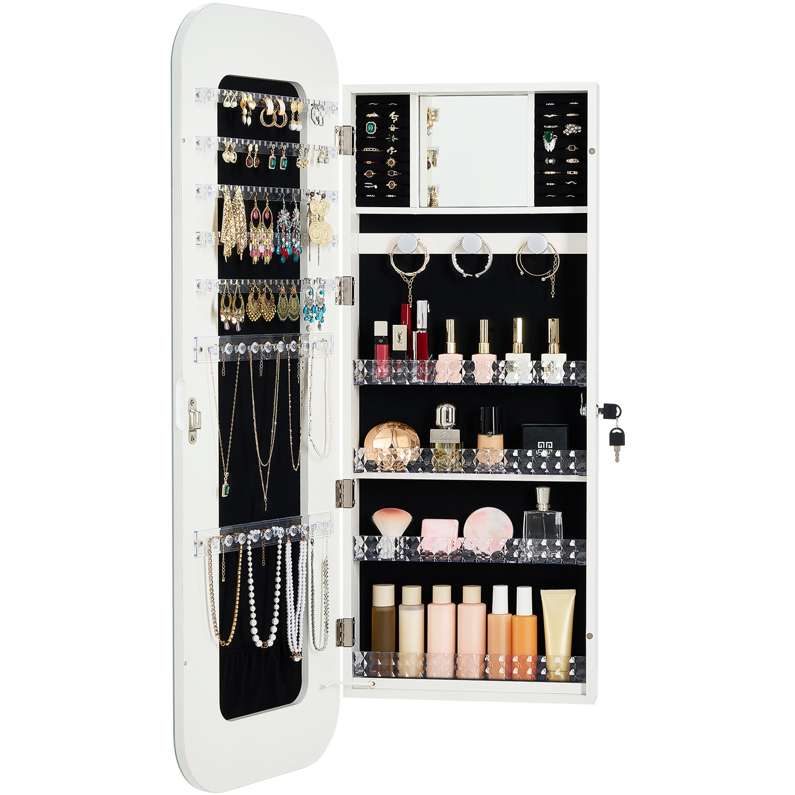 VEVOR LED Mirror Jewelry Cabinet 42.5-inch Tall Full-Length Mirror with Storage Wall Mount/Over the Door Jewelry Armoire Organizer with Lights Rounded Design Lockable Door with 2 Keys White